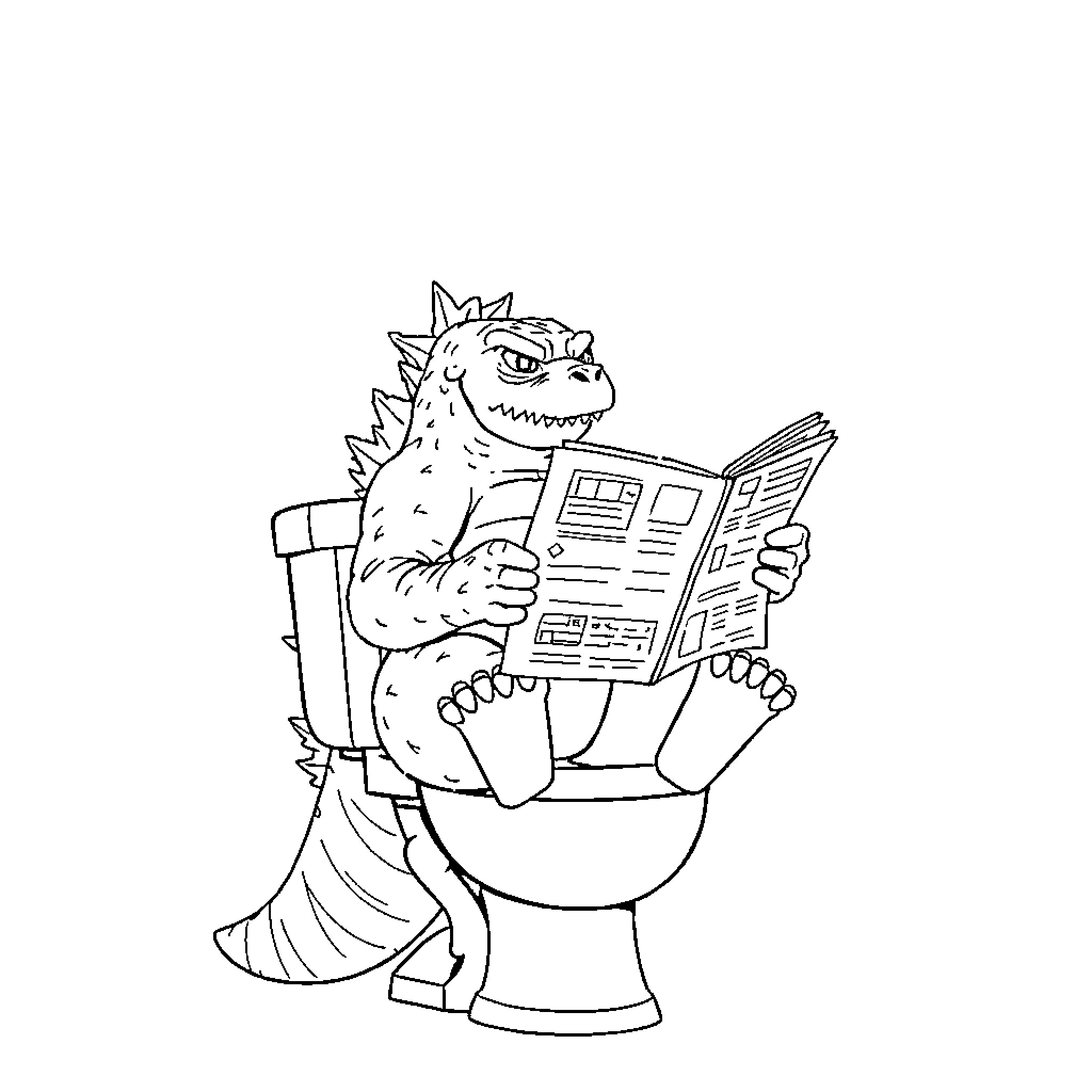 Godzilla reading the newspaper on the toilet Coloring Page (free black-and-white line drawing printable PDF for all, from beginners to advanced learners, including children, teens, adults, and seniors)