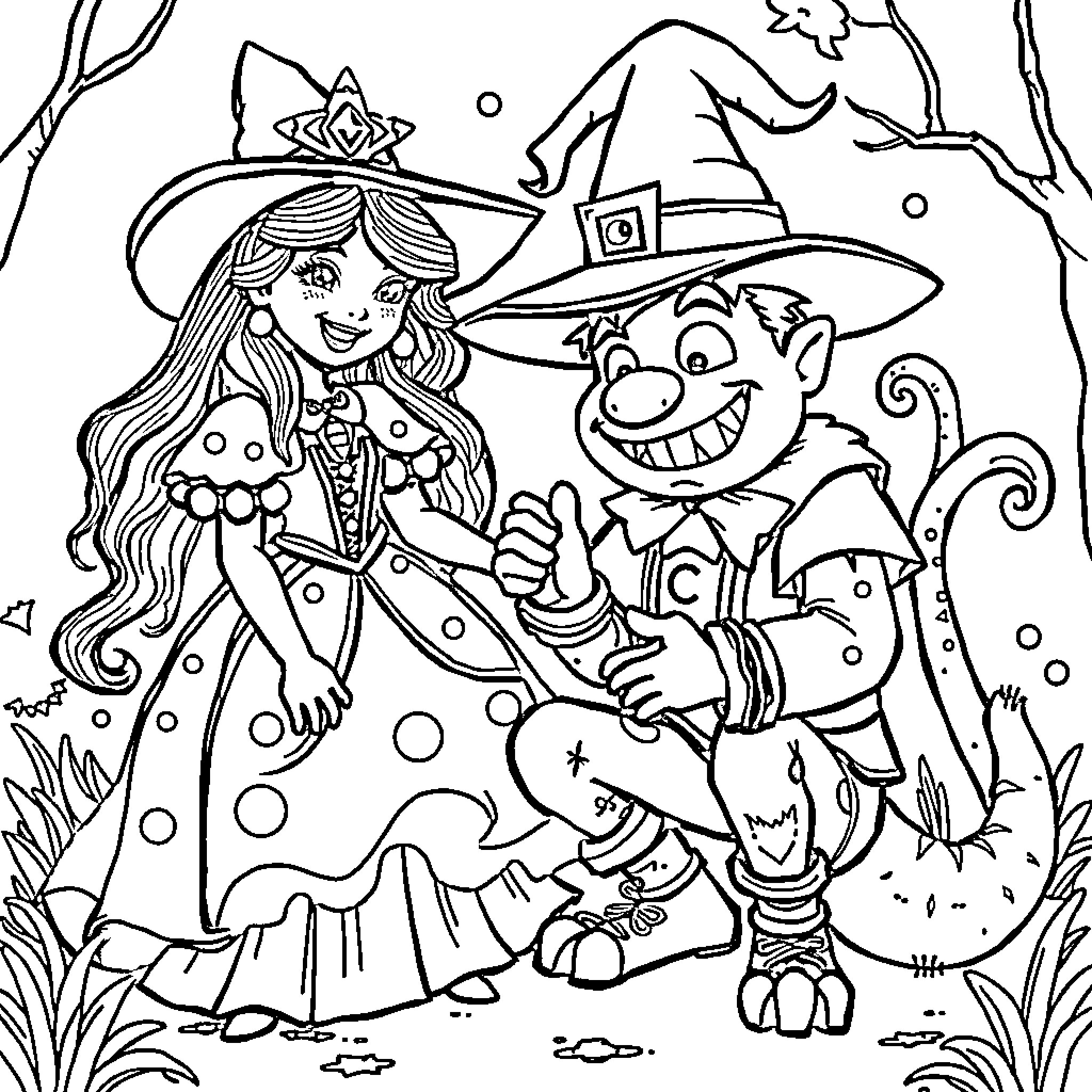 Princess and Goblin Celebrating Halloween Coloring Page (free black-and-white line drawing printable PDF for all, from beginners to advanced learners, including children, teens, adults, and seniors)