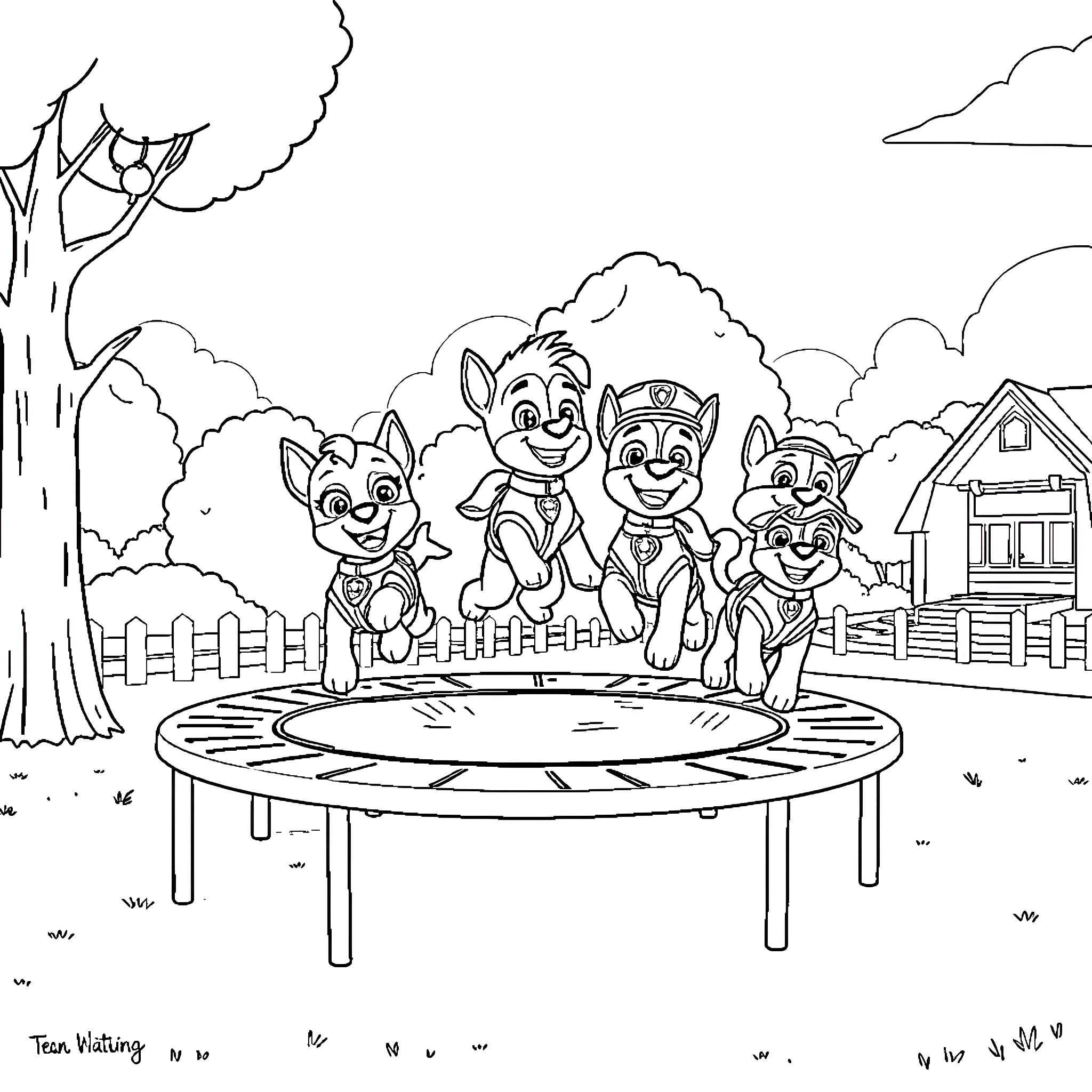 Paw Patrol puppies playing happily on trampoline Coloring Page (free black-and-white line drawing printable PDF for all, from beginners to advanced learners, including children, teens, adults, and seniors)