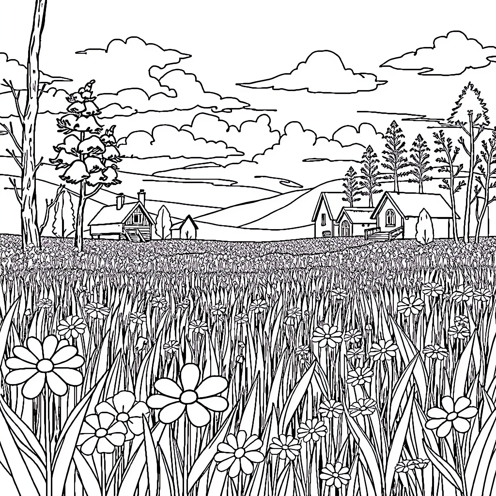 House in the countryside with flowers and trees Coloring Page (free black-and-white line drawing printable PDF for all, from beginners to advanced learners, including children, teens, adults, and seniors)