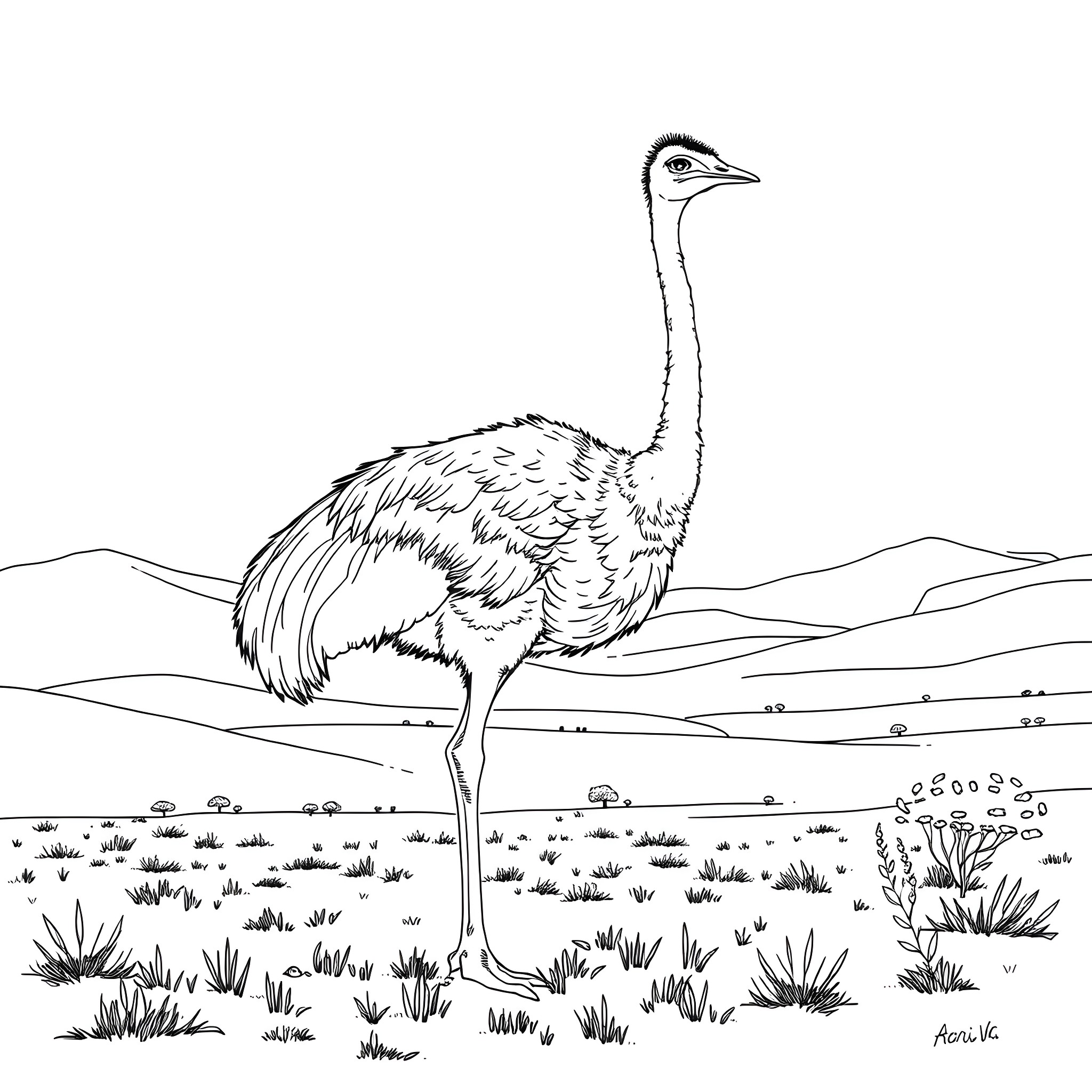 Ostrich standing proudly in a natural landscape Coloring Page (free black-and-white line drawing printable PDF for all, from beginners to advanced learners, including children, teens, adults, and seniors)