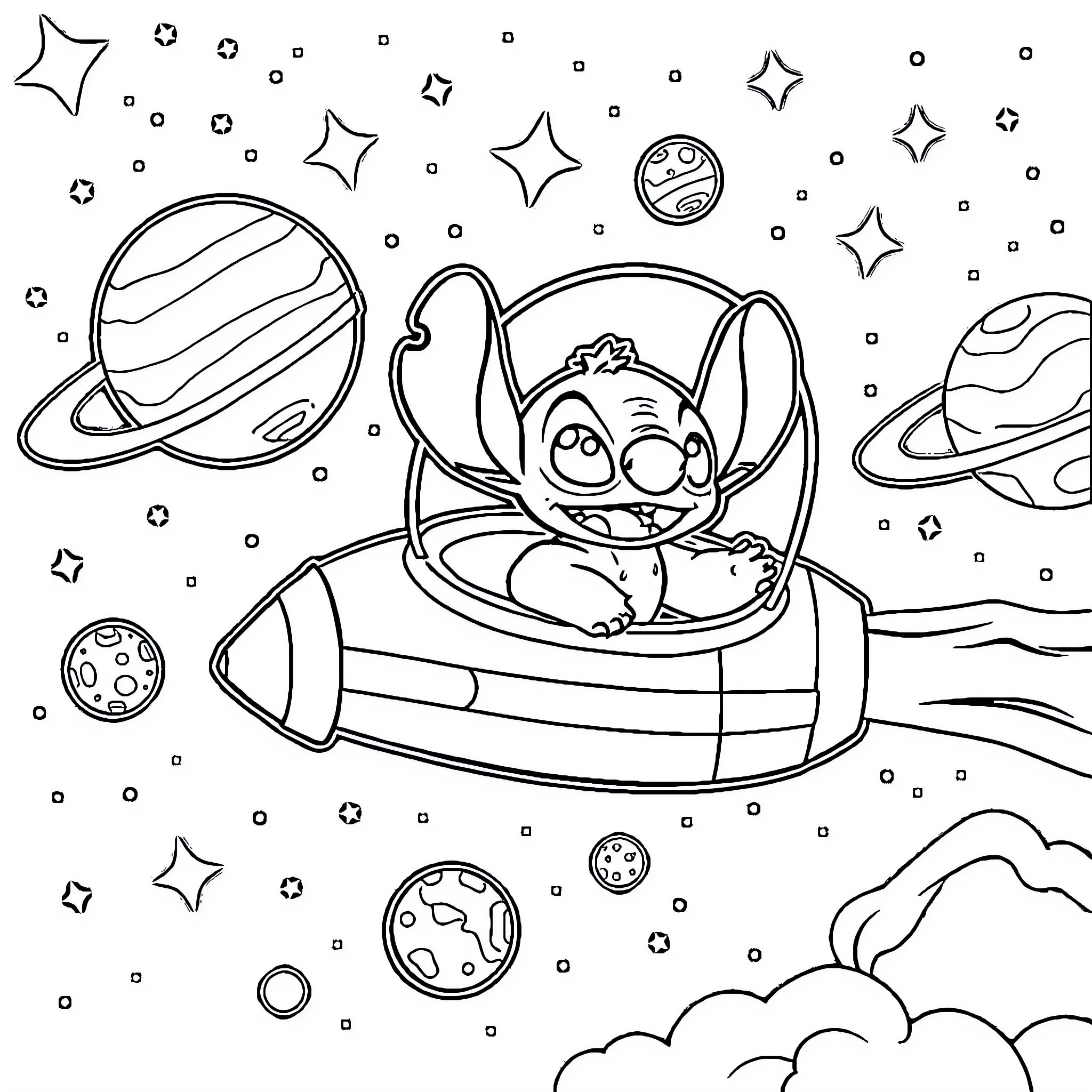 Lilo's Space Adventure with Stitch Coloring Page (free black-and-white line drawing printable PDF for all, from beginners to advanced learners, including children, teens, adults, and seniors)