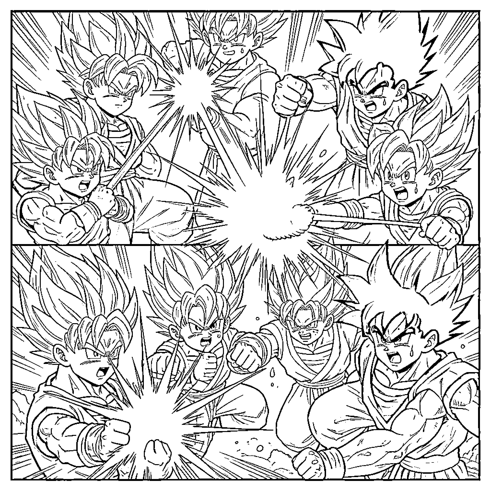 Dragonball Characters in Intense Battle Poses Coloring Page (free black-and-white line drawing printable PDF for all, from beginners to advanced learners, including children, teens, adults, and seniors)