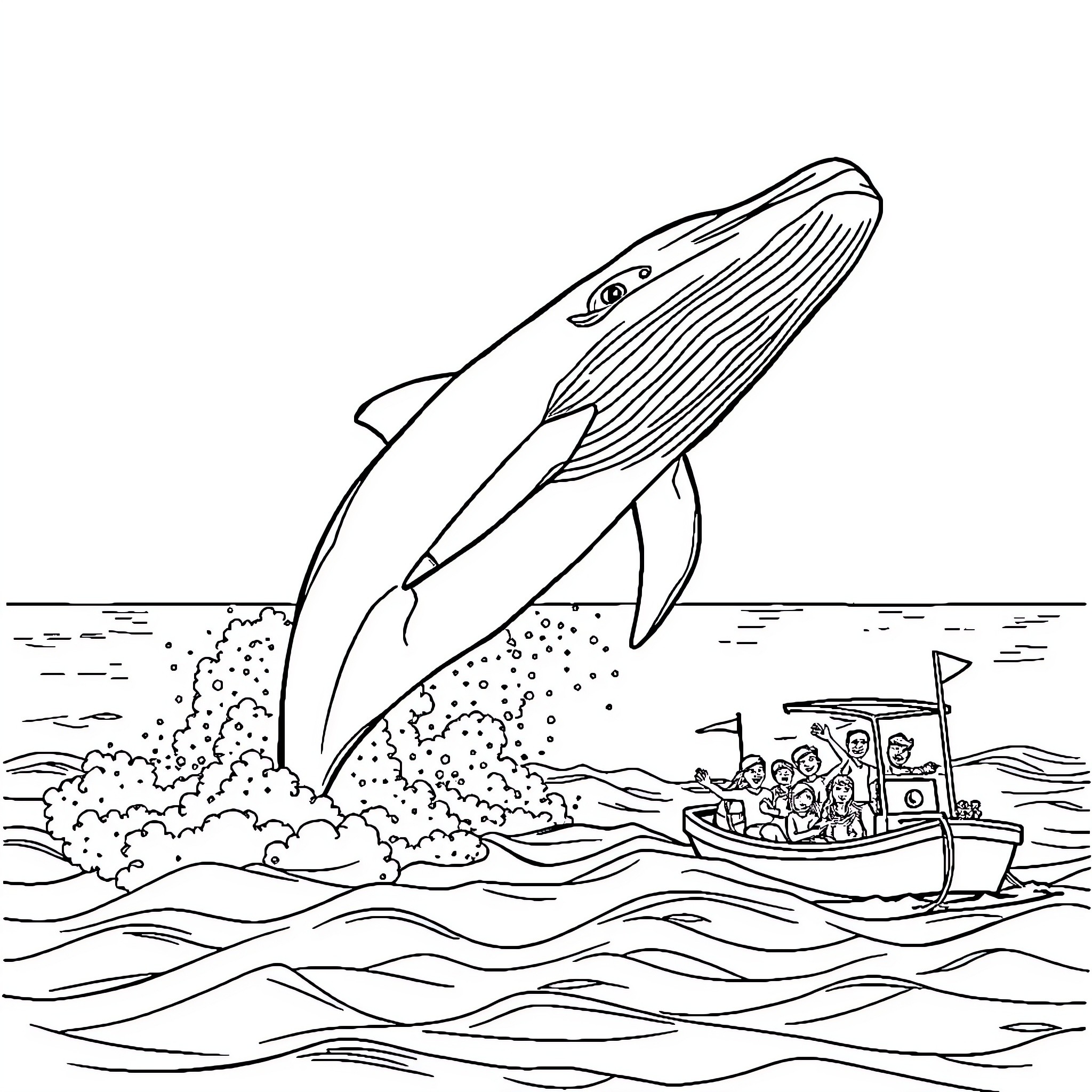 Humpback Whale jumping out of the ocean near a small boat Coloring Page (free black-and-white line drawing printable PDF for all, from beginners to advanced learners, including children, teens, adults, and seniors)