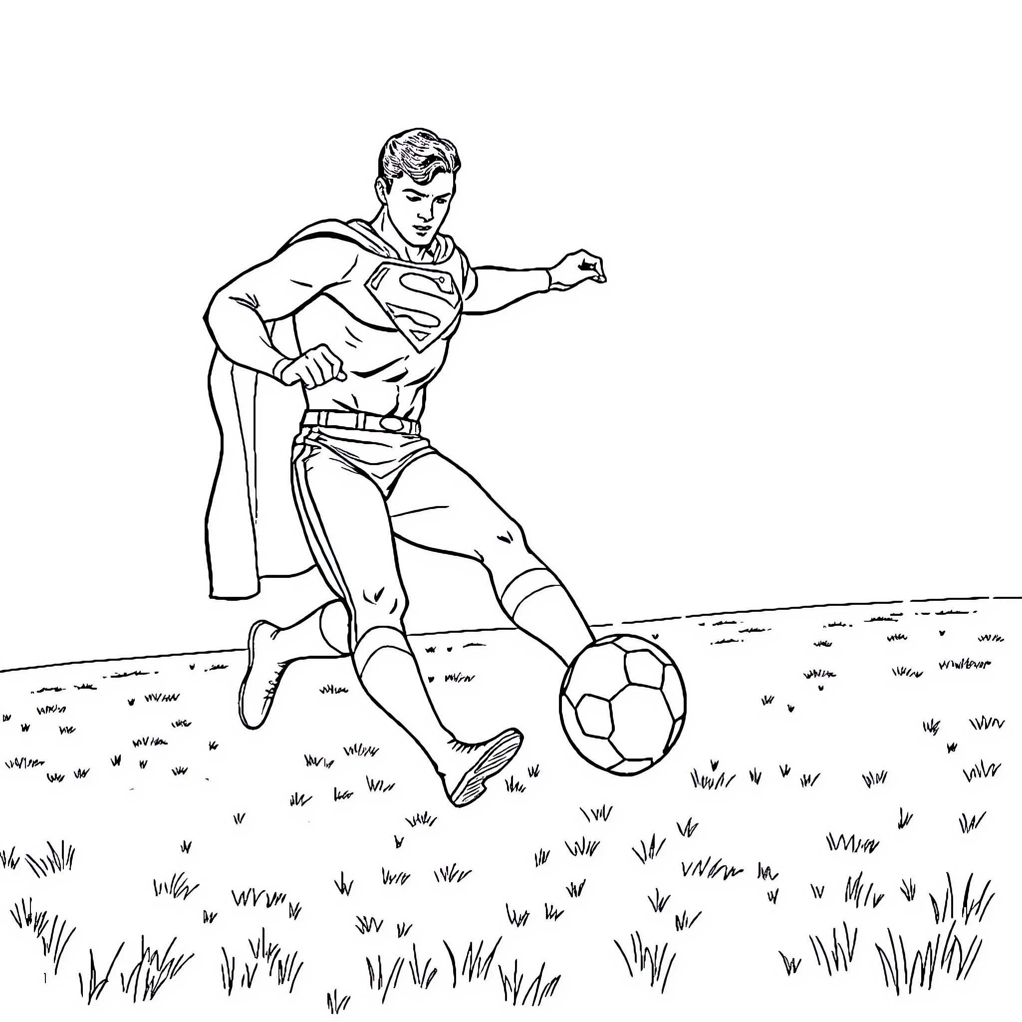 Superman Playing Soccer on the Field Coloring Page (free black-and-white line drawing printable PDF for all, from beginners to advanced learners, including children, teens, adults, and seniors)