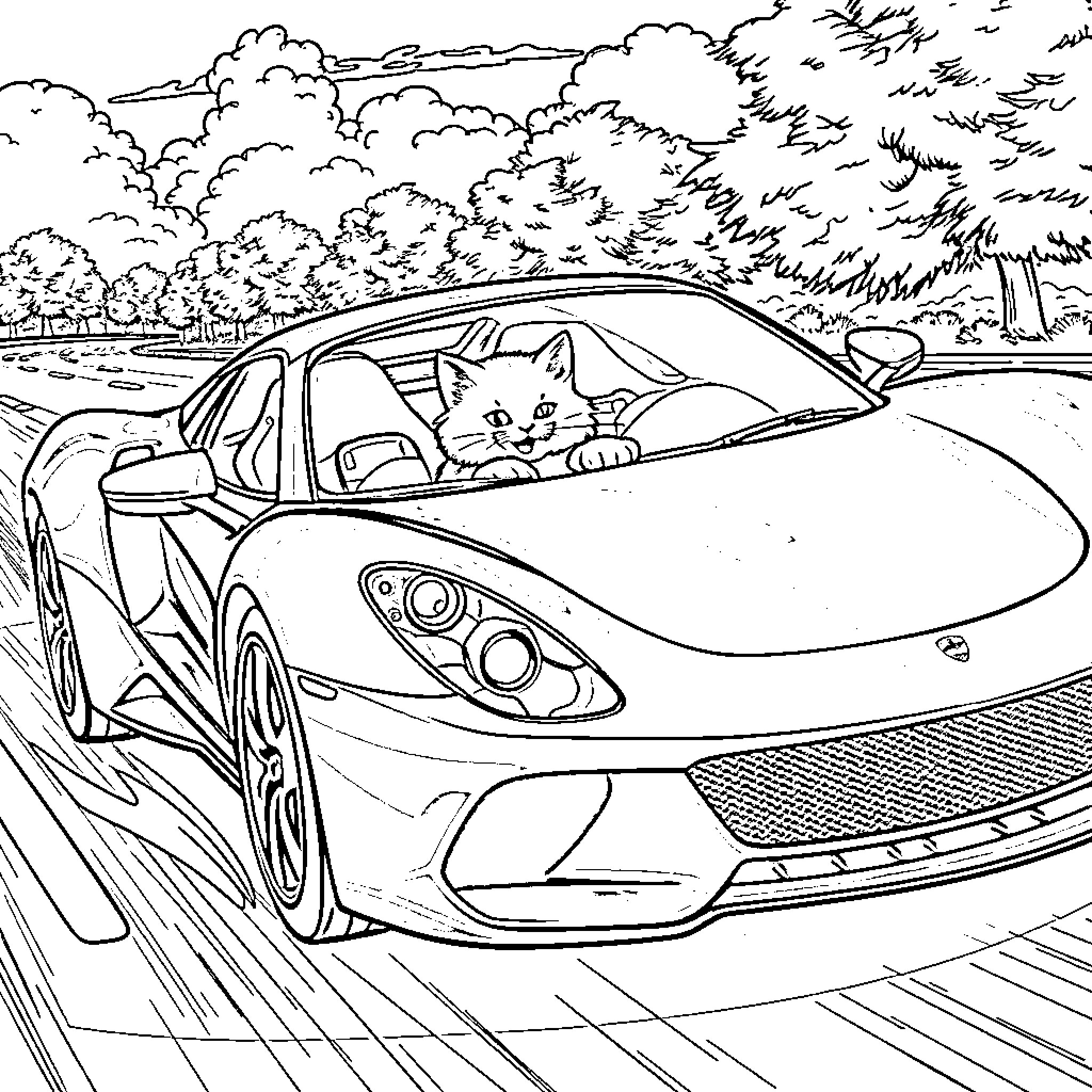 Supercar zooming through winding road in forest Coloring Page (free black-and-white line drawing printable PDF for all, from beginners to advanced learners, including children, teens, adults, and seniors)