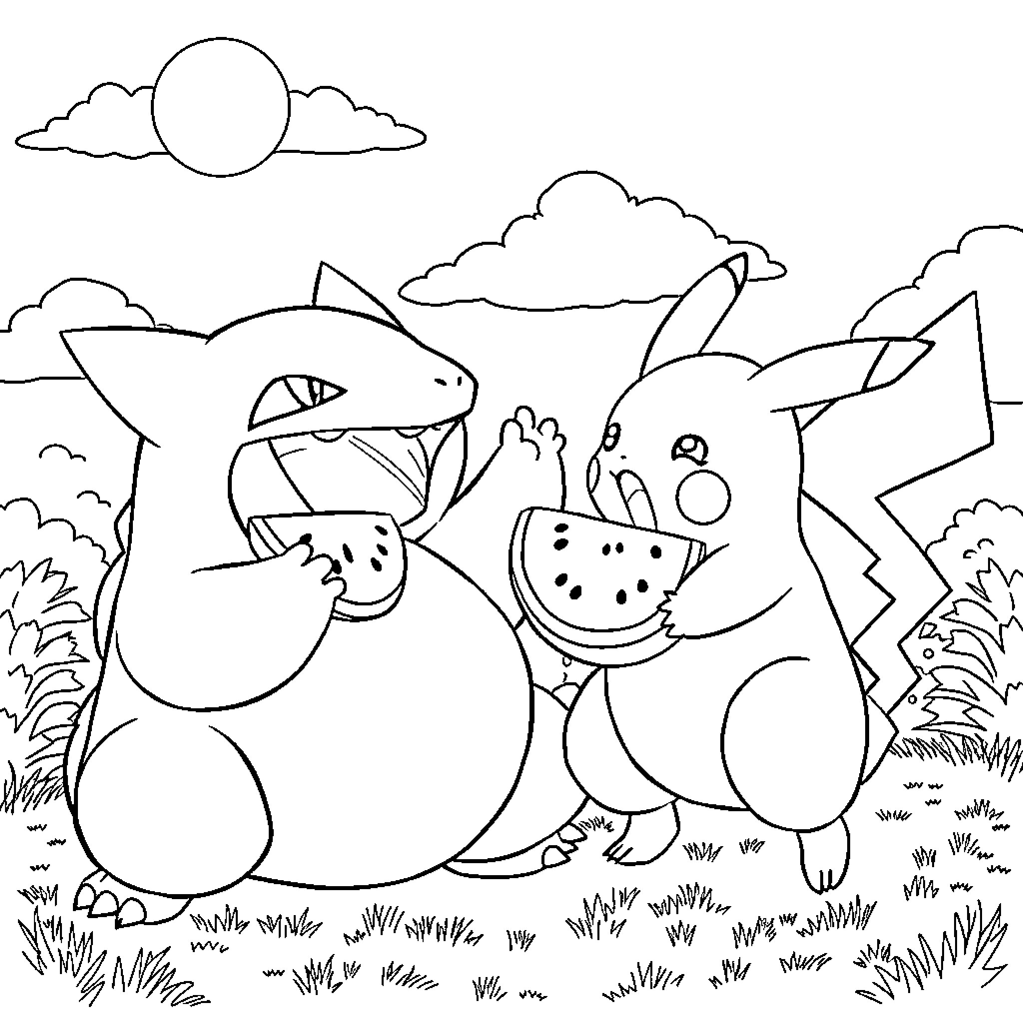 Smorlax enjoying watermelon with friends in nature Coloring Page (free black-and-white line drawing printable PDF for all, from beginners to advanced learners, including children, teens, adults, and seniors)