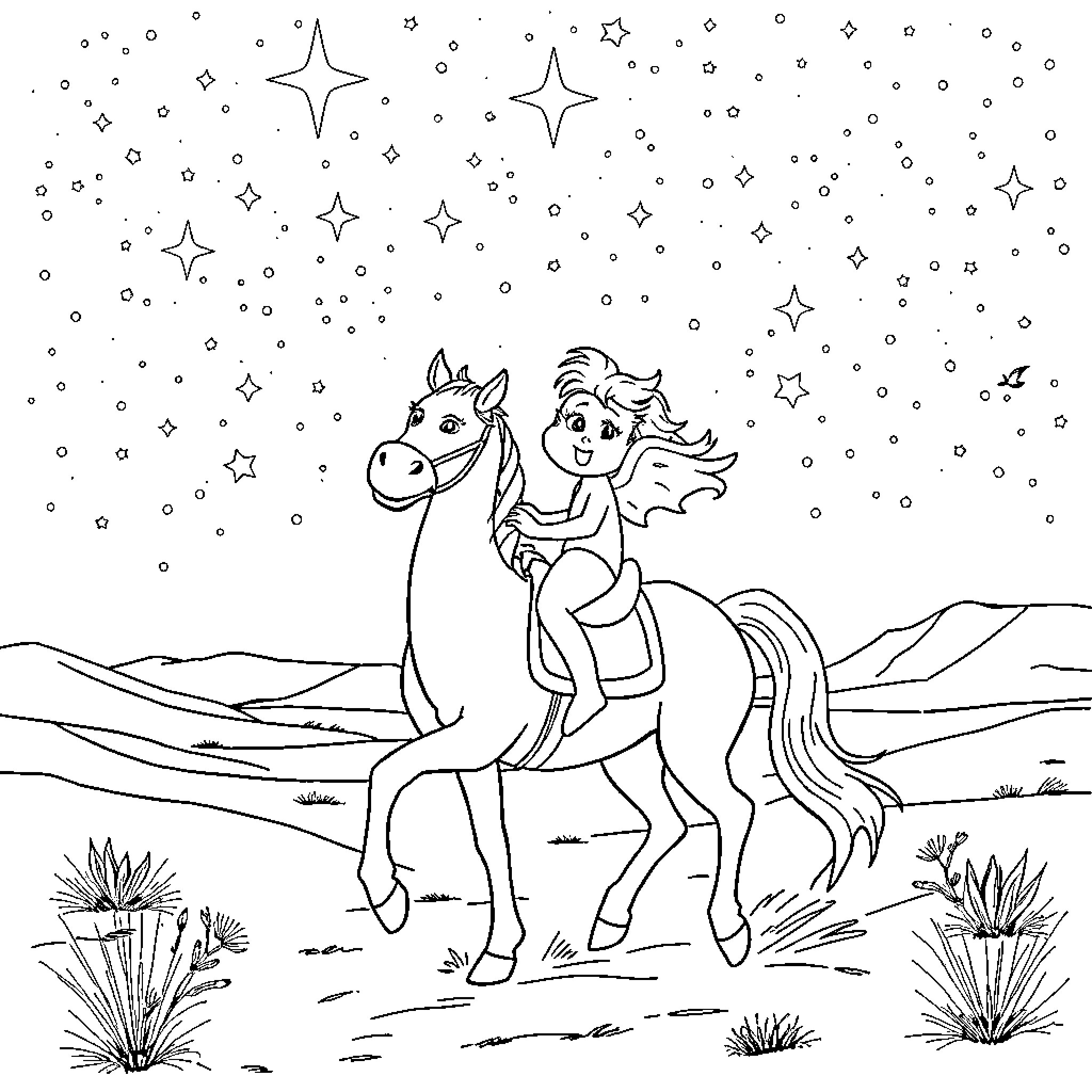 Bluey riding a horse under the starry night sky Coloring Page (free black-and-white line drawing printable PDF for all, from beginners to advanced learners, including children, teens, adults, and seniors)