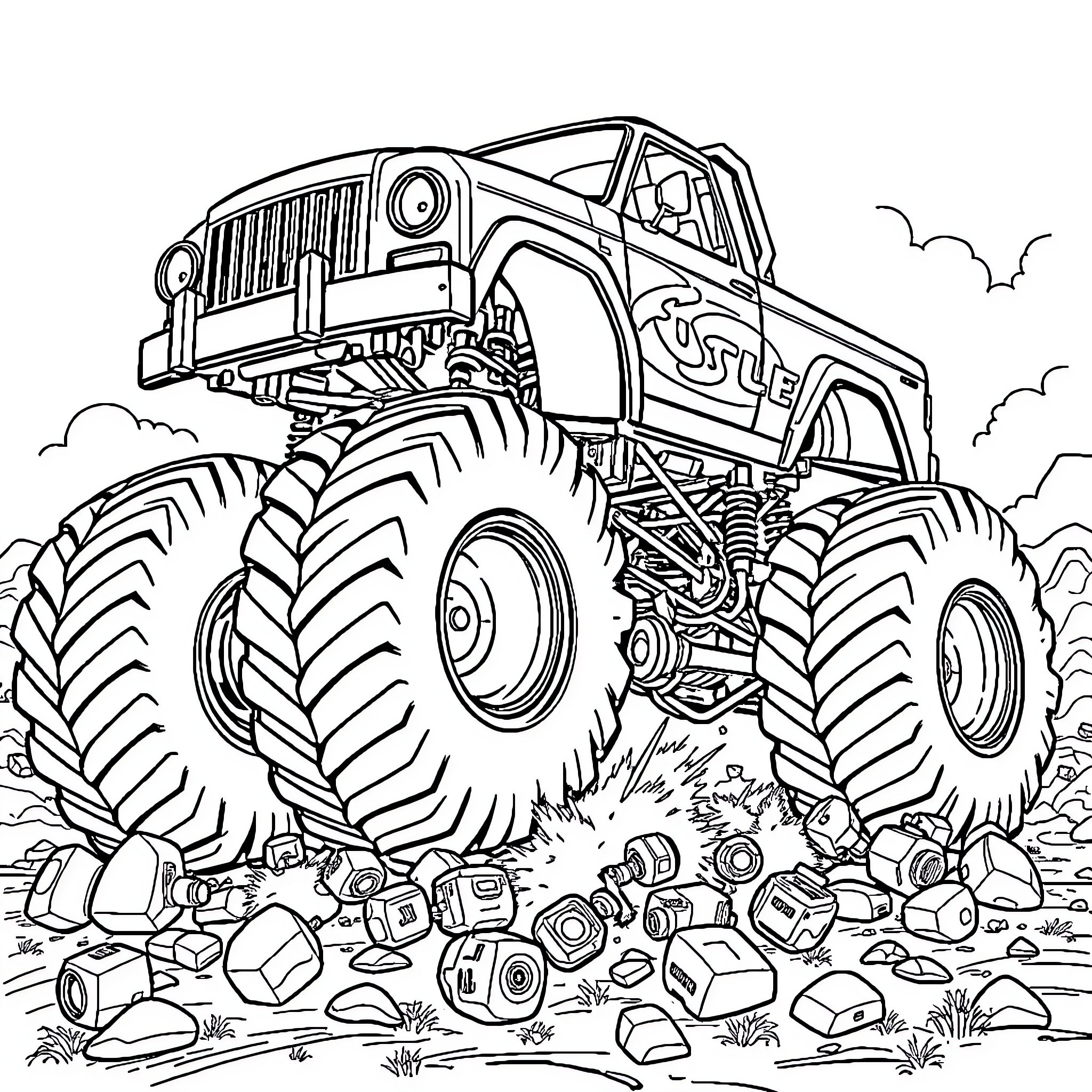 Monster Truck Crushing Debris on Rugged Terrain Coloring Page (free black-and-white line drawing printable PDF for all, from beginners to advanced learners, including children, teens, adults, and seniors)
