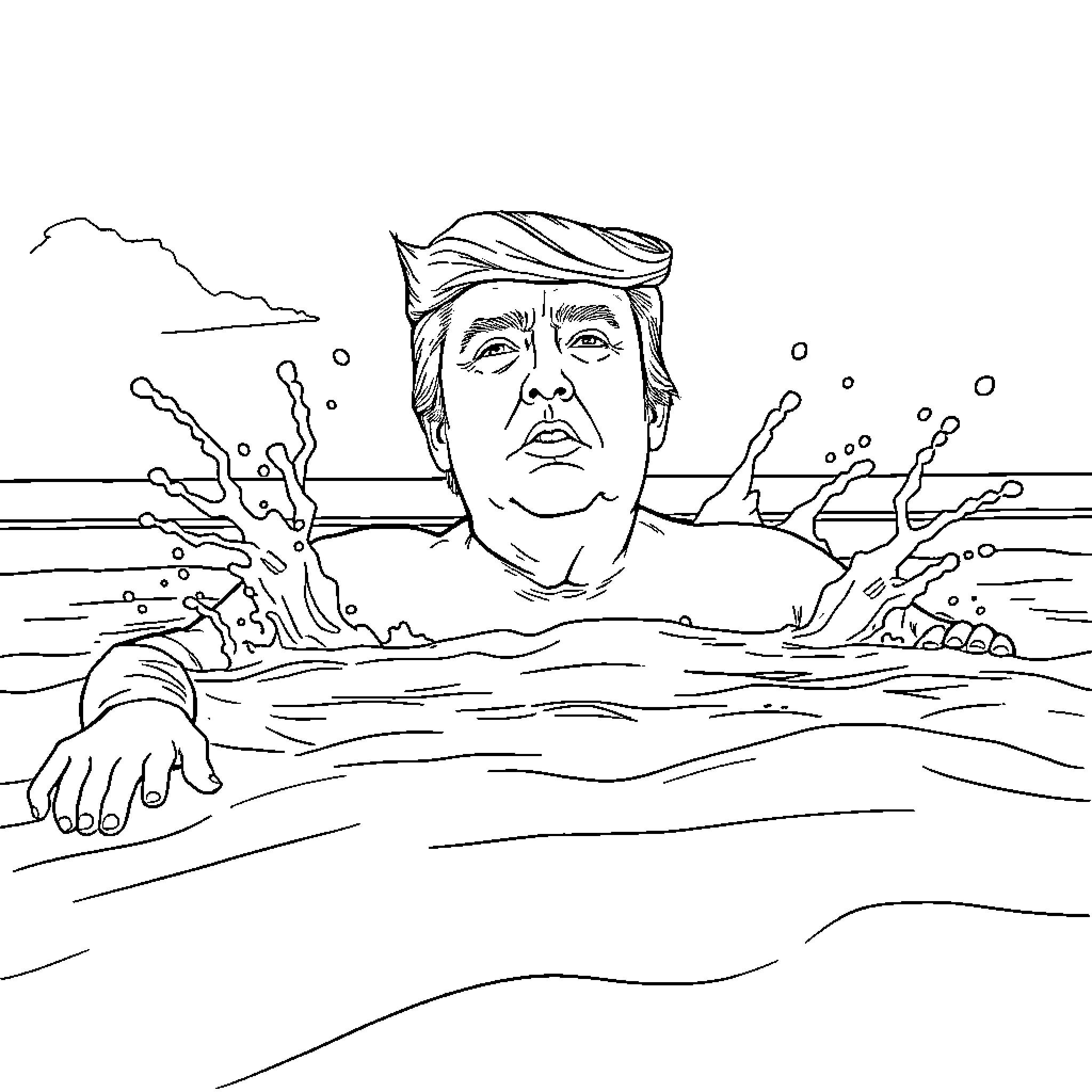 Trump Splashing in the Ocean with Blustery Expression Coloring Page (free black-and-white line drawing printable PDF for all, from beginners to advanced learners, including children, teens, adults, and seniors)