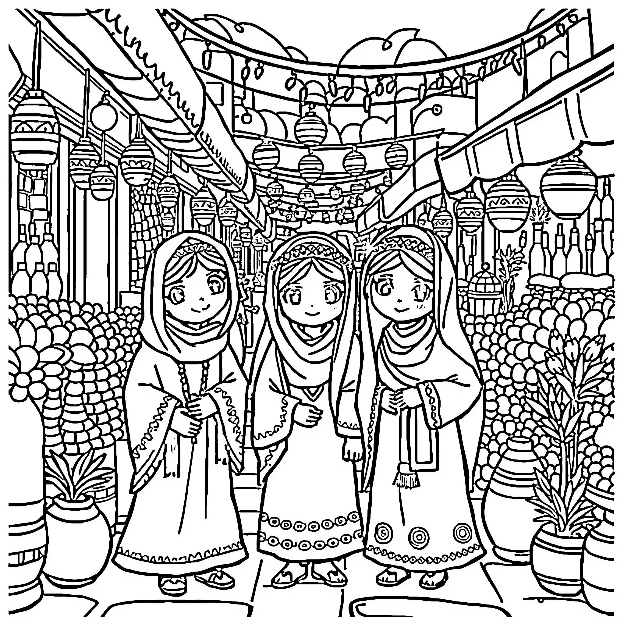 Kawaii Women Exploring Vibrant Cultural Marketplace Coloring Page (free black-and-white line drawing printable PDF for all, from beginners to advanced learners, including children, teens, adults, and seniors)