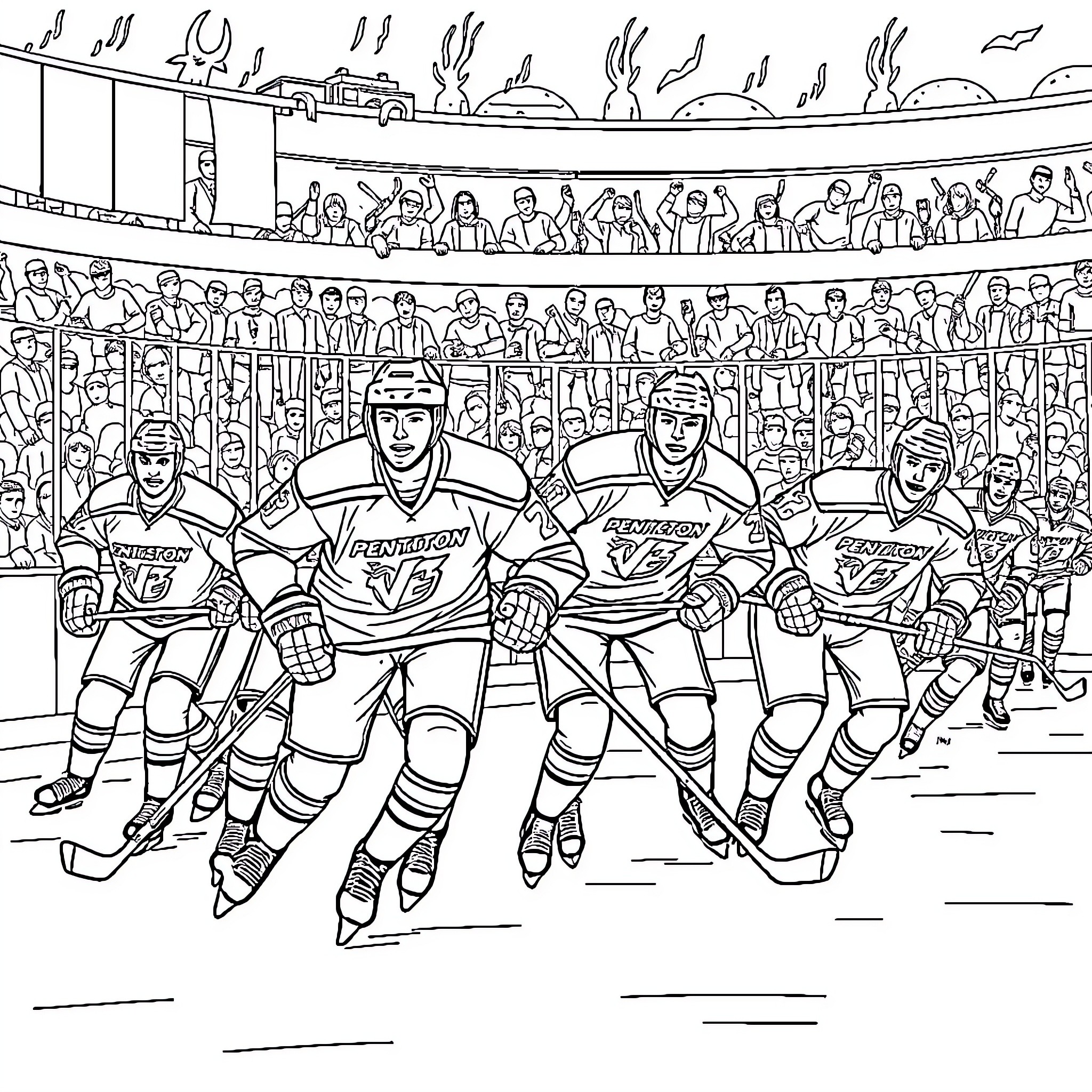 Hockey Team on the Ice with Cheering Crowd Coloring Page (free black-and-white line drawing printable PDF for all, from beginners to advanced learners, including children, teens, adults, and seniors)