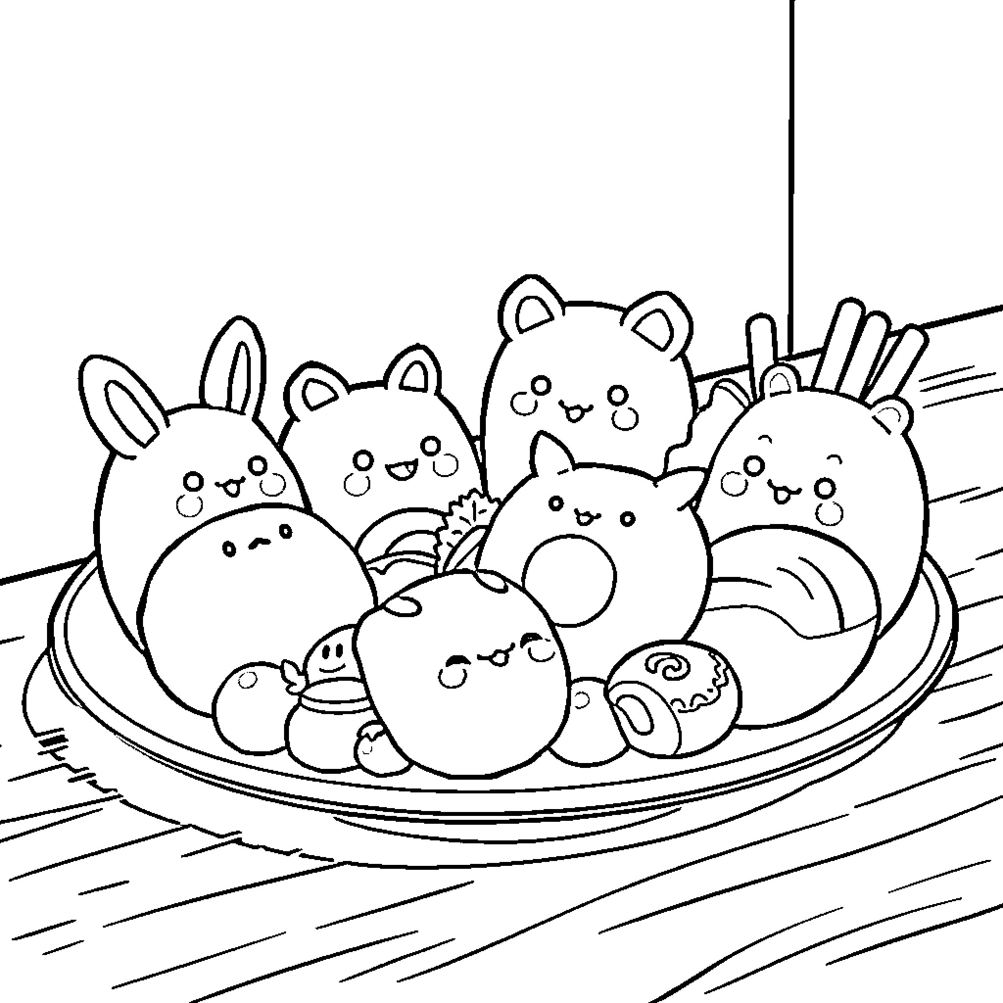Food-themed Cute Animal Characters on Plate Coloring Page (free black-and-white line drawing printable PDF for all, from beginners to advanced learners, including children, teens, adults, and seniors)