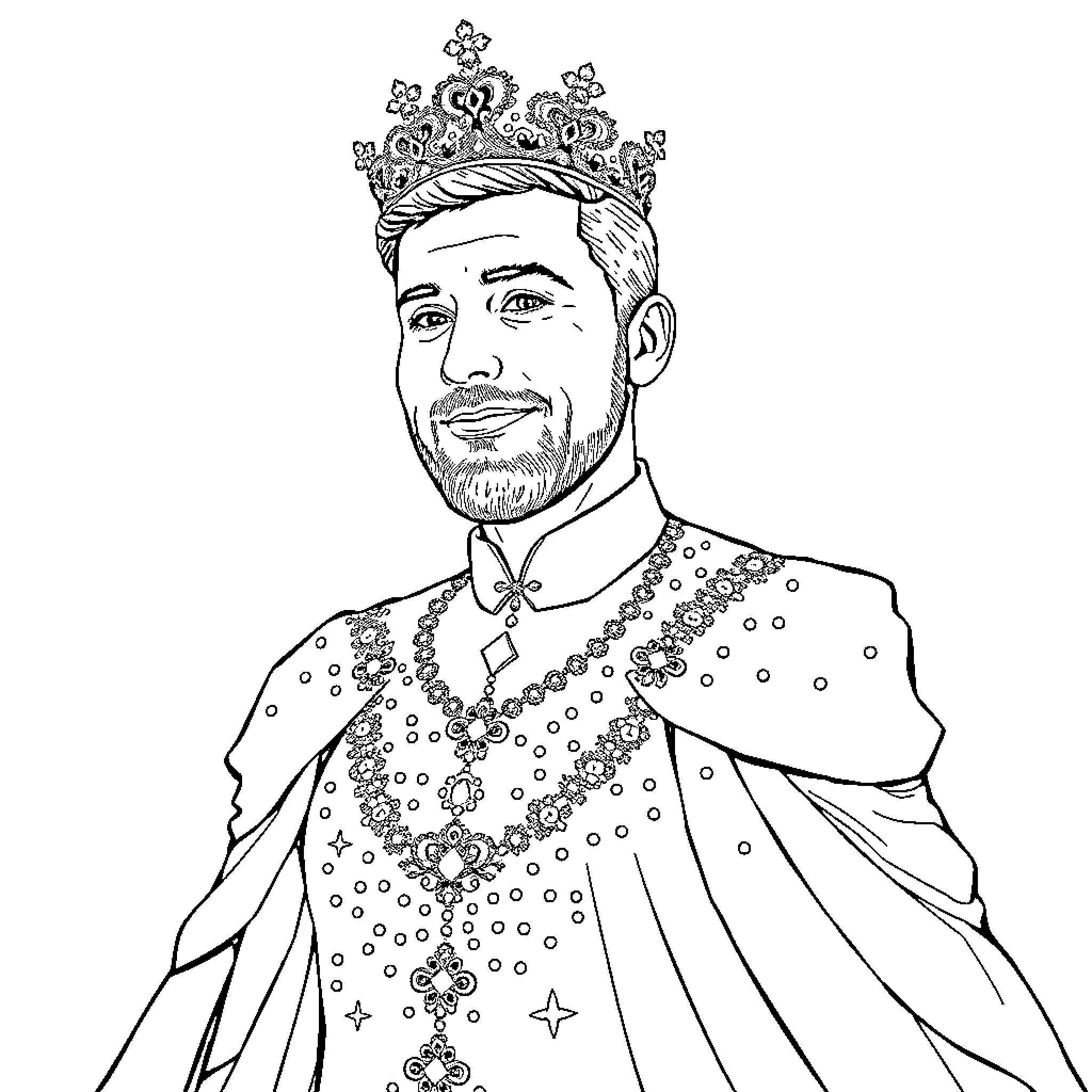 Sauli Niinistö wearing a ceremonial crown and robe Coloring Page (free black-and-white line drawing printable PDF for all, from beginners to advanced learners, including children, teens, adults, and seniors)