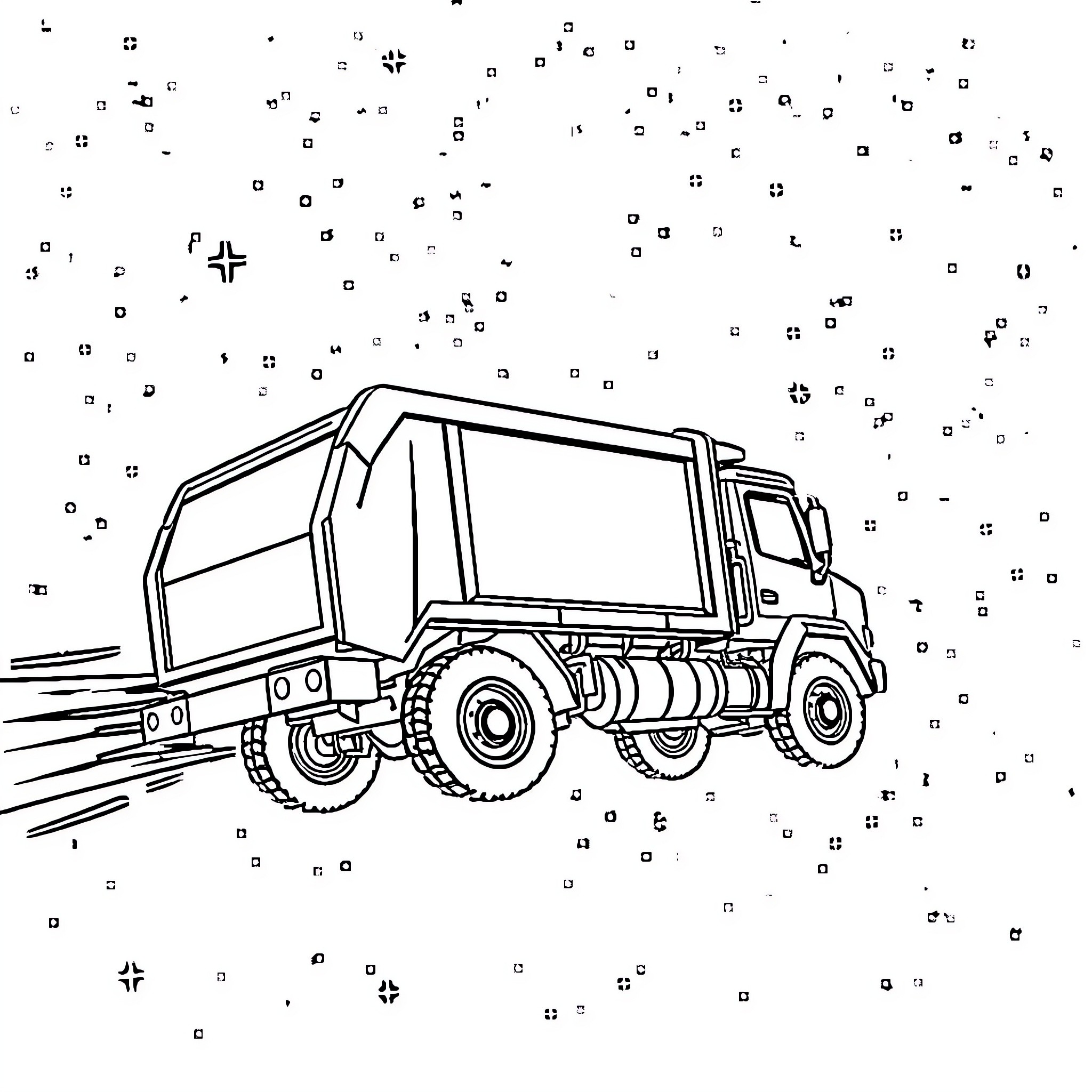 Trash Truck on the Road Coloring Page (free black-and-white line drawing printable PDF for all, from beginners to advanced learners, including children, teens, adults, and seniors)