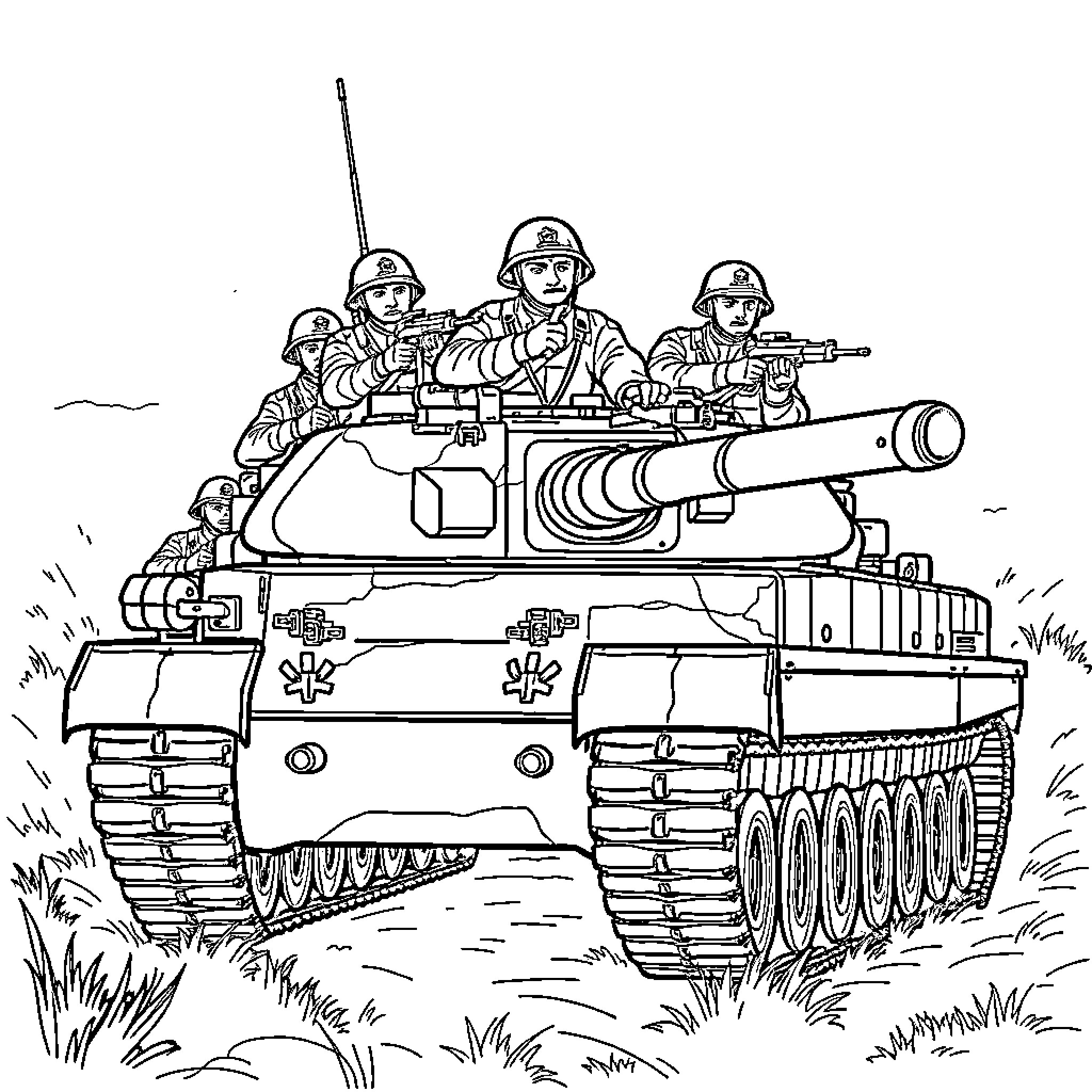 Tank with Soldiers in Action Coloring Page (free black-and-white line drawing printable PDF for all, from beginners to advanced learners, including children, teens, adults, and seniors)
