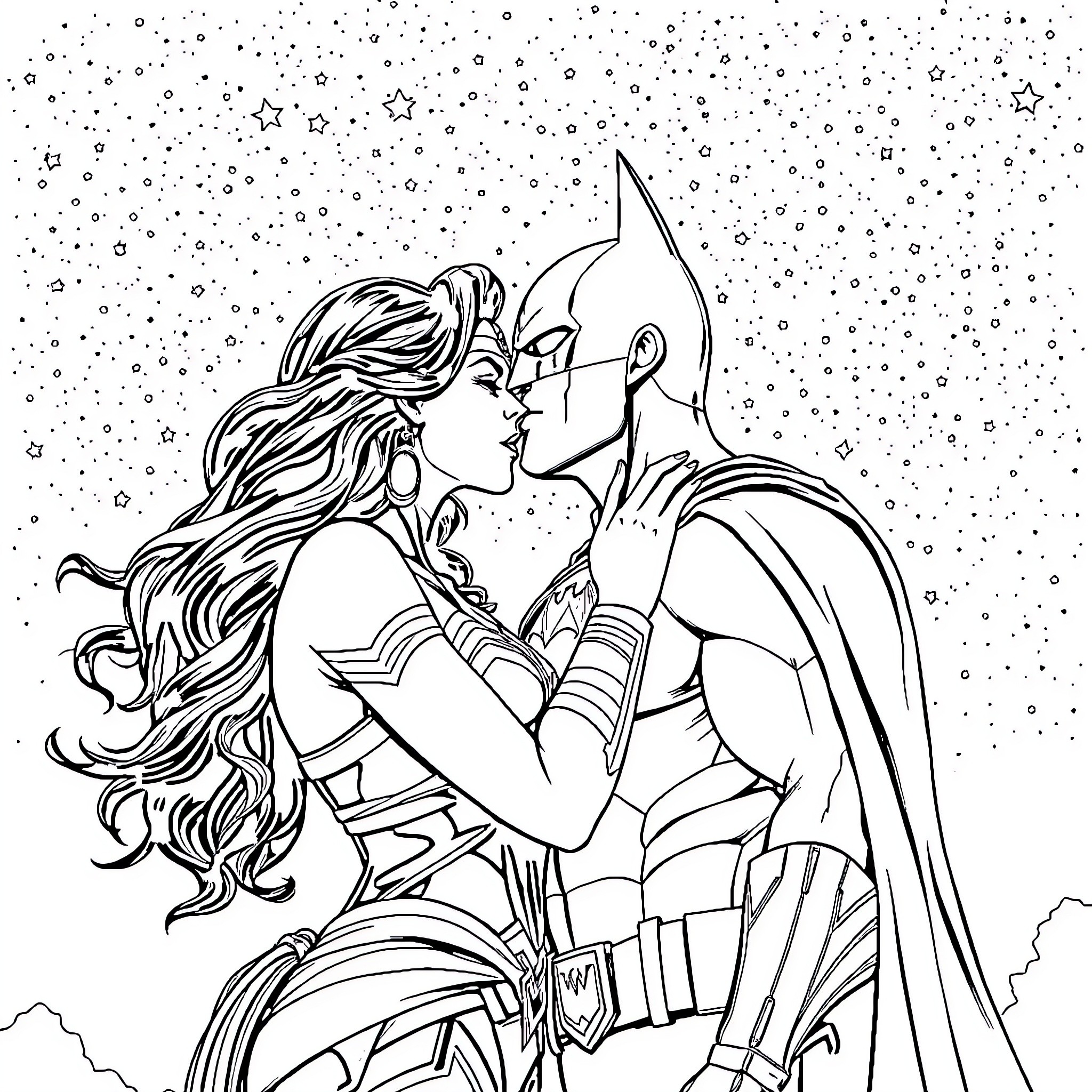 Wonder Woman in passionate embrace with Batman against starry night Coloring Page (free black-and-white line drawing printable PDF for all, from beginners to advanced learners, including children, teens, adults, and seniors)