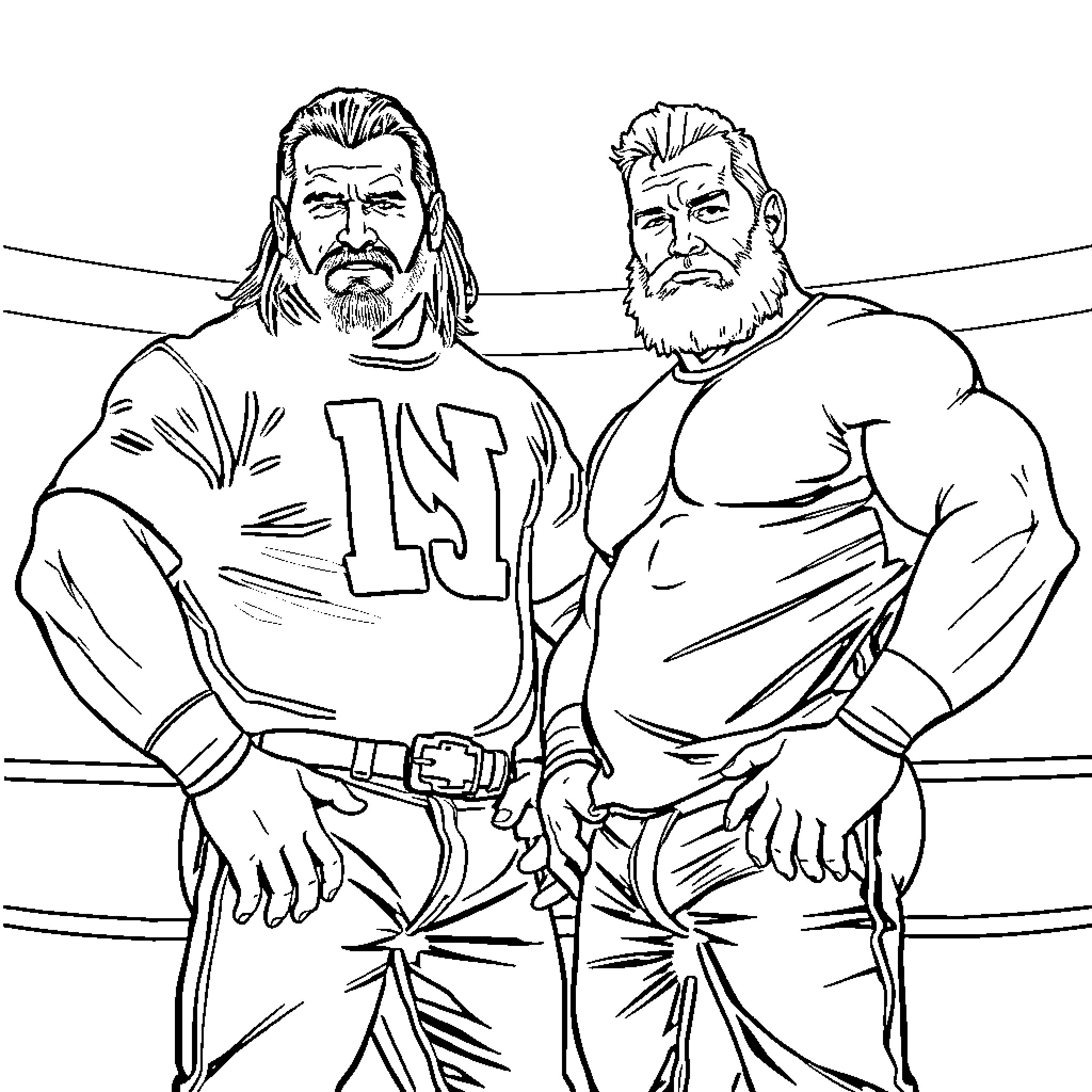 Scott Hall and Old Friend in Wrestling Ring Coloring Page (free black-and-white line drawing printable PDF for all, from beginners to advanced learners, including children, teens, adults, and seniors)