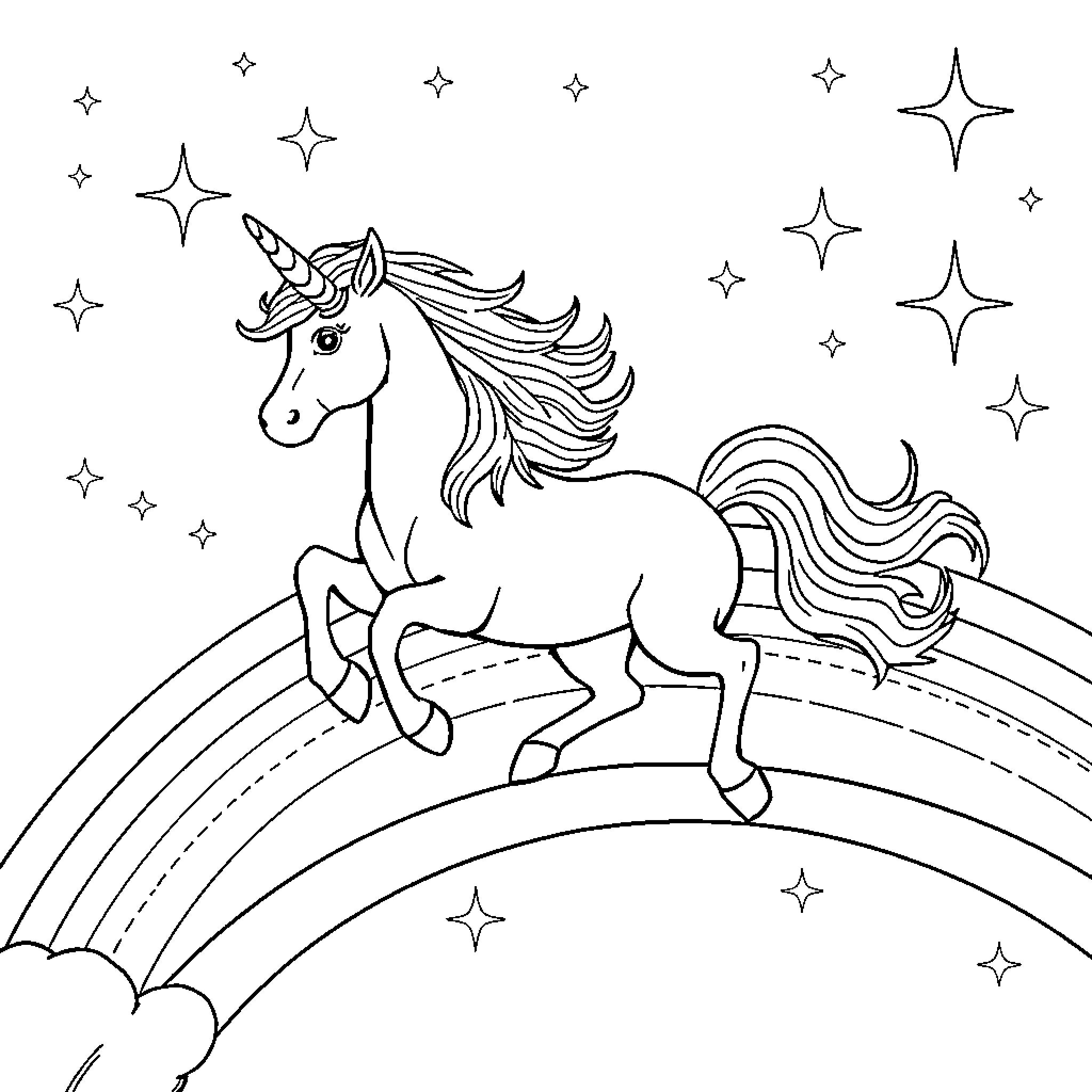 Unicorn galloping across a starry rainbow Coloring Page (free black-and-white line drawing printable PDF for all, from beginners to advanced learners, including children, teens, adults, and seniors)
