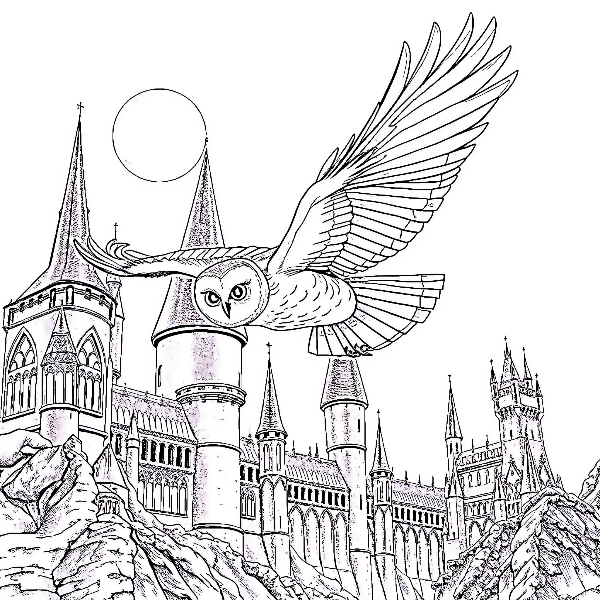 Owl soaring over magical castle with towers Coloring Page (free black-and-white line drawing printable PDF for all, from beginners to advanced learners, including children, teens, adults, and seniors)