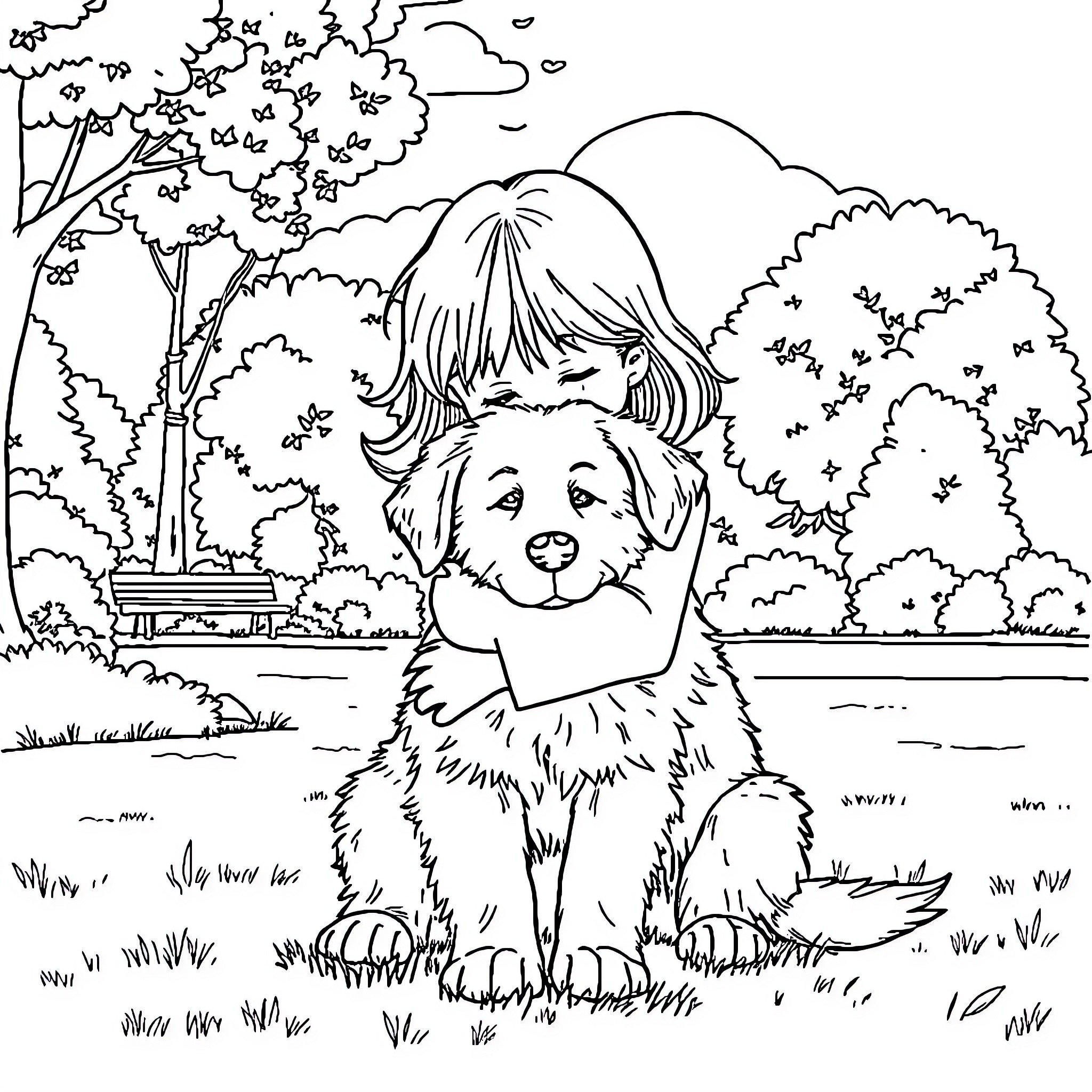 Girl hugging a puppy in the park Coloring Page (free black-and-white line drawing printable PDF for all, from beginners to advanced learners, including children, teens, adults, and seniors)