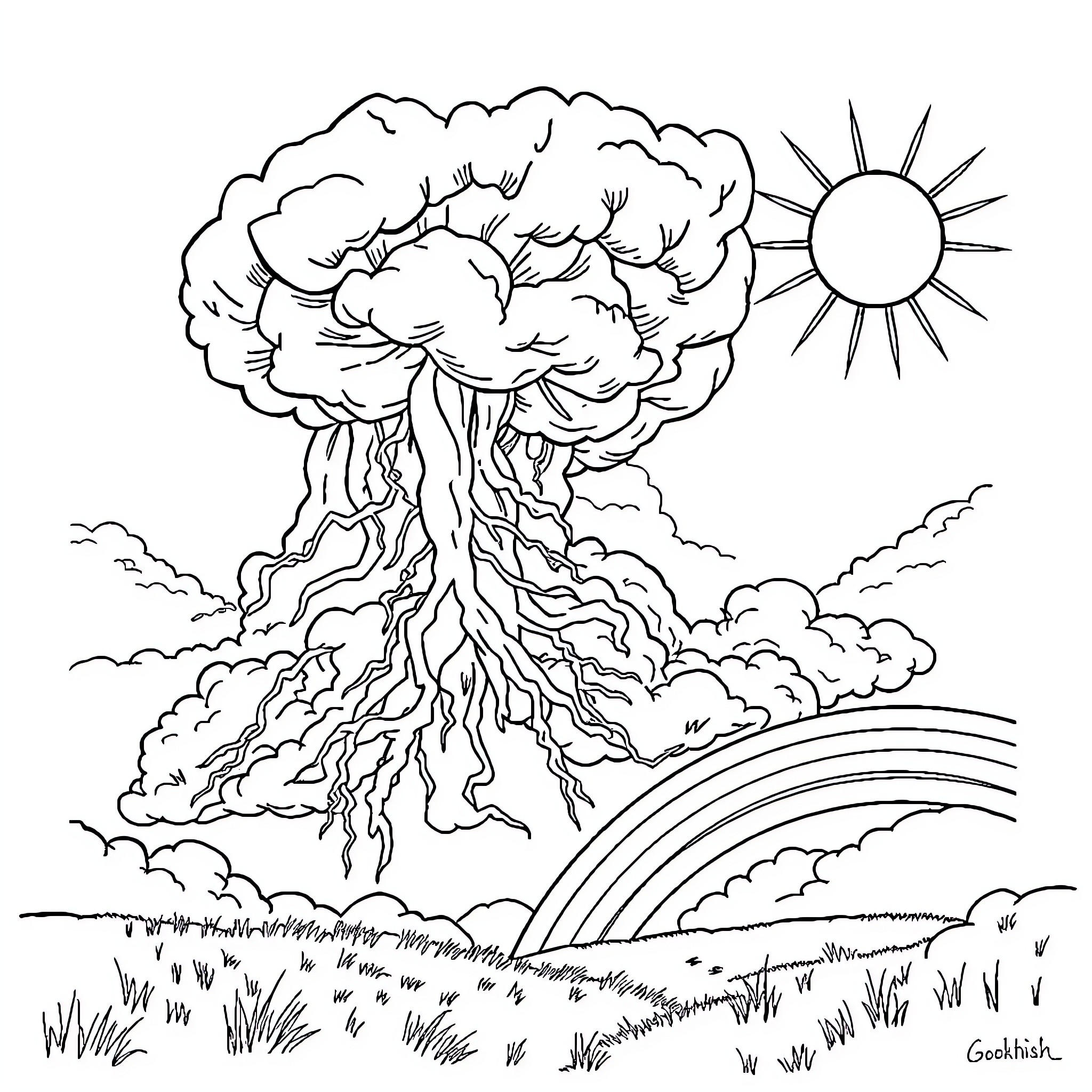 Thunderstorm with explosive clouds and a vibrant sun Coloring Page (free black-and-white line drawing printable PDF for all, from beginners to advanced learners, including children, teens, adults, and seniors)