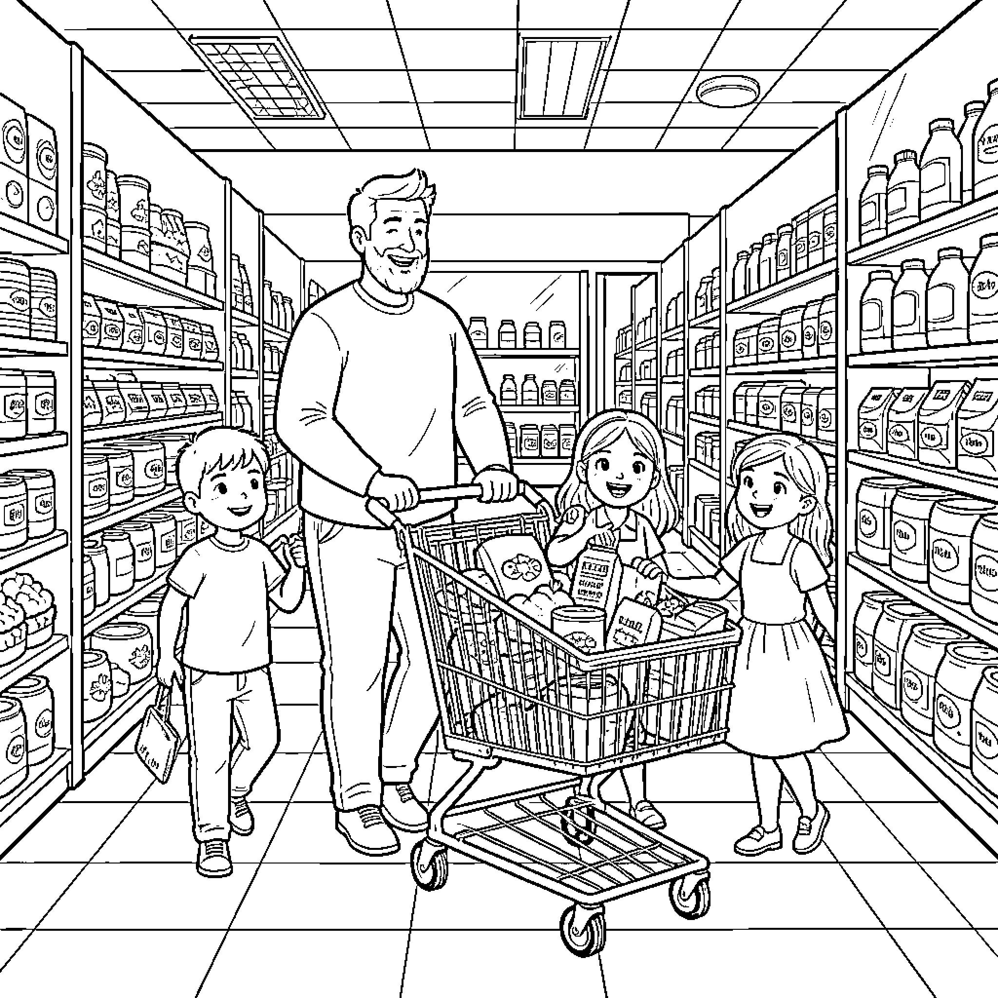 Dad and kids shopping for groceries in the store Coloring Page (free black-and-white line drawing printable PDF for all, from beginners to advanced learners, including children, teens, adults, and seniors)