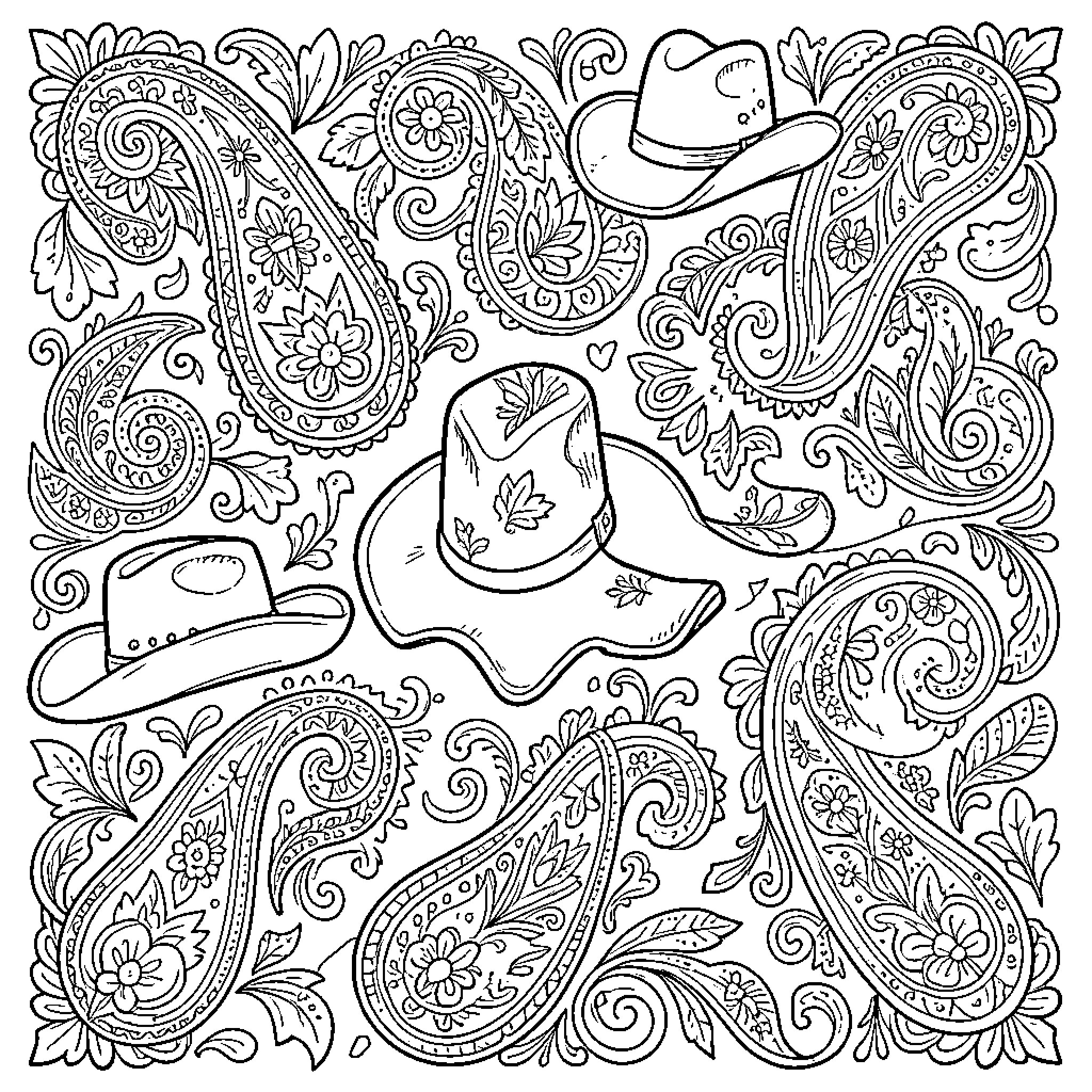Paisley patterns with cowboy hats and floral motifs Coloring Page (free black-and-white line drawing printable PDF for all, from beginners to advanced learners, including children, teens, adults, and seniors)