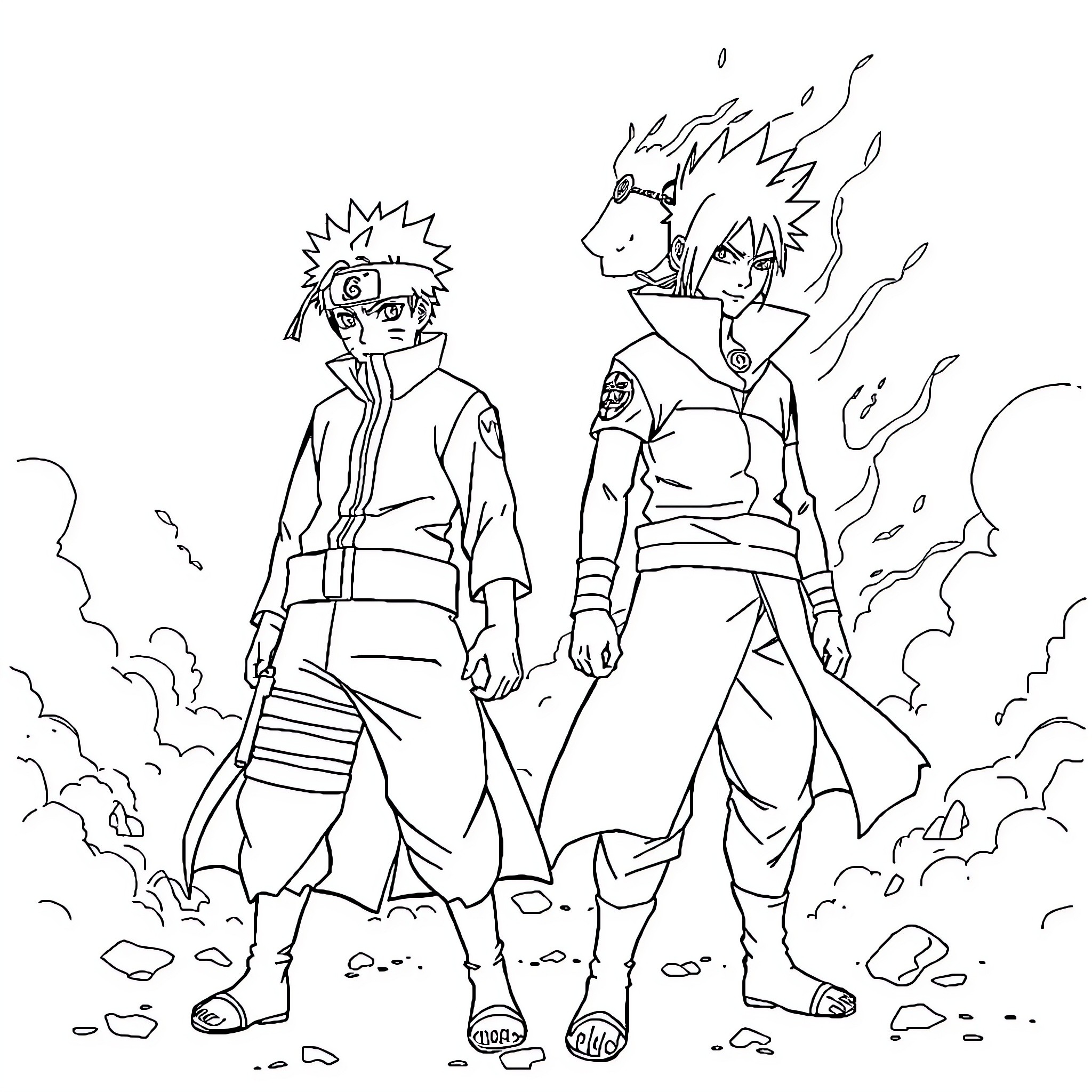 Naruto and Sasuke - Ninja Rivals in Action Coloring Page (free black-and-white line drawing printable PDF for all, from beginners to advanced learners, including children, teens, adults, and seniors)