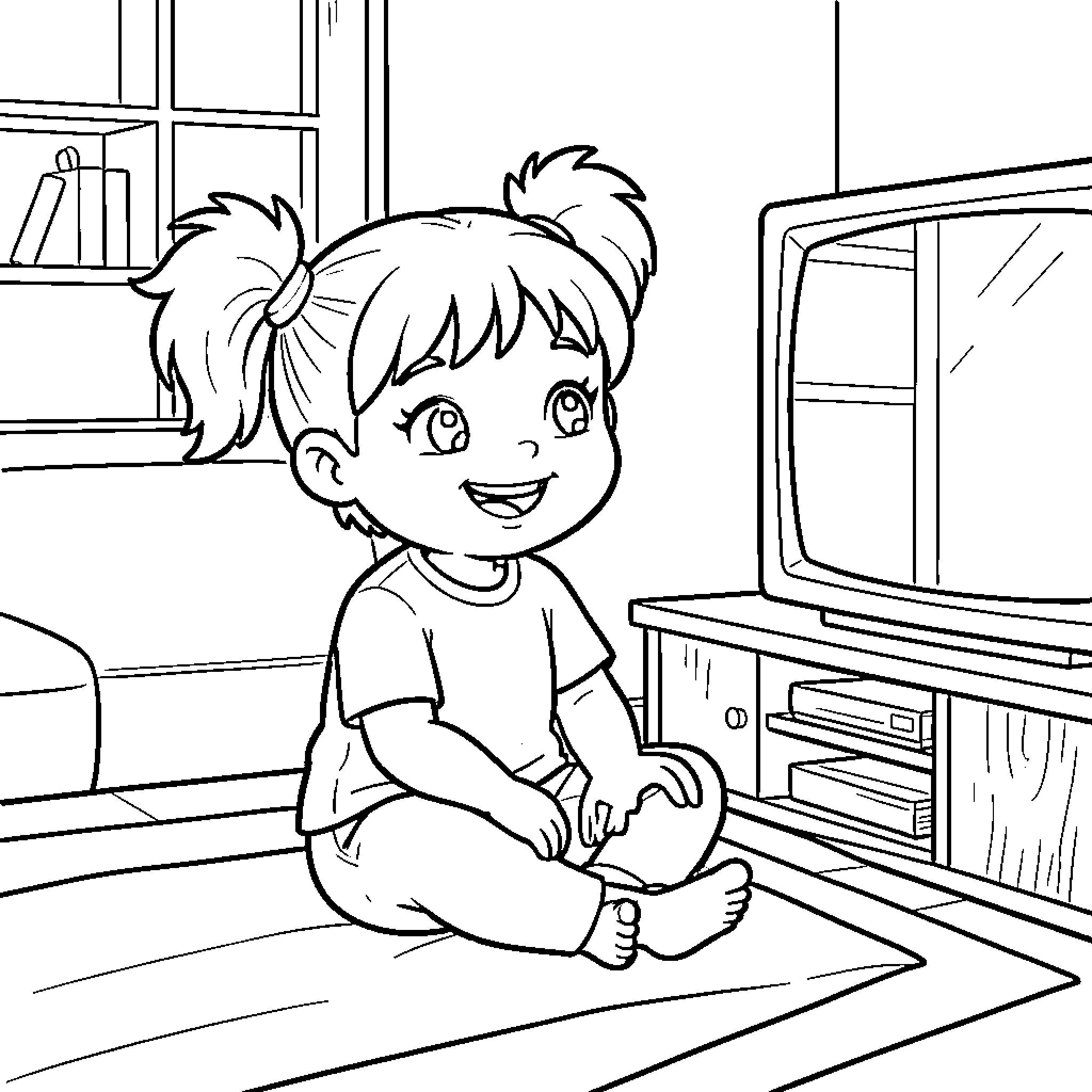 Kid sitting on floor watching television happily Coloring Page (free black-and-white line drawing printable PDF for all, from beginners to advanced learners, including children, teens, adults, and seniors)