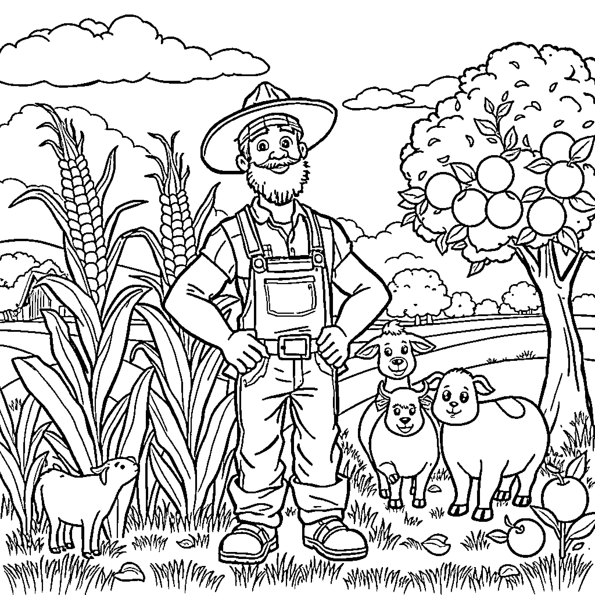 Farmer tending to his crops and animals on the farm Coloring Page (free black-and-white line drawing printable PDF for all, from beginners to advanced learners, including children, teens, adults, and seniors)