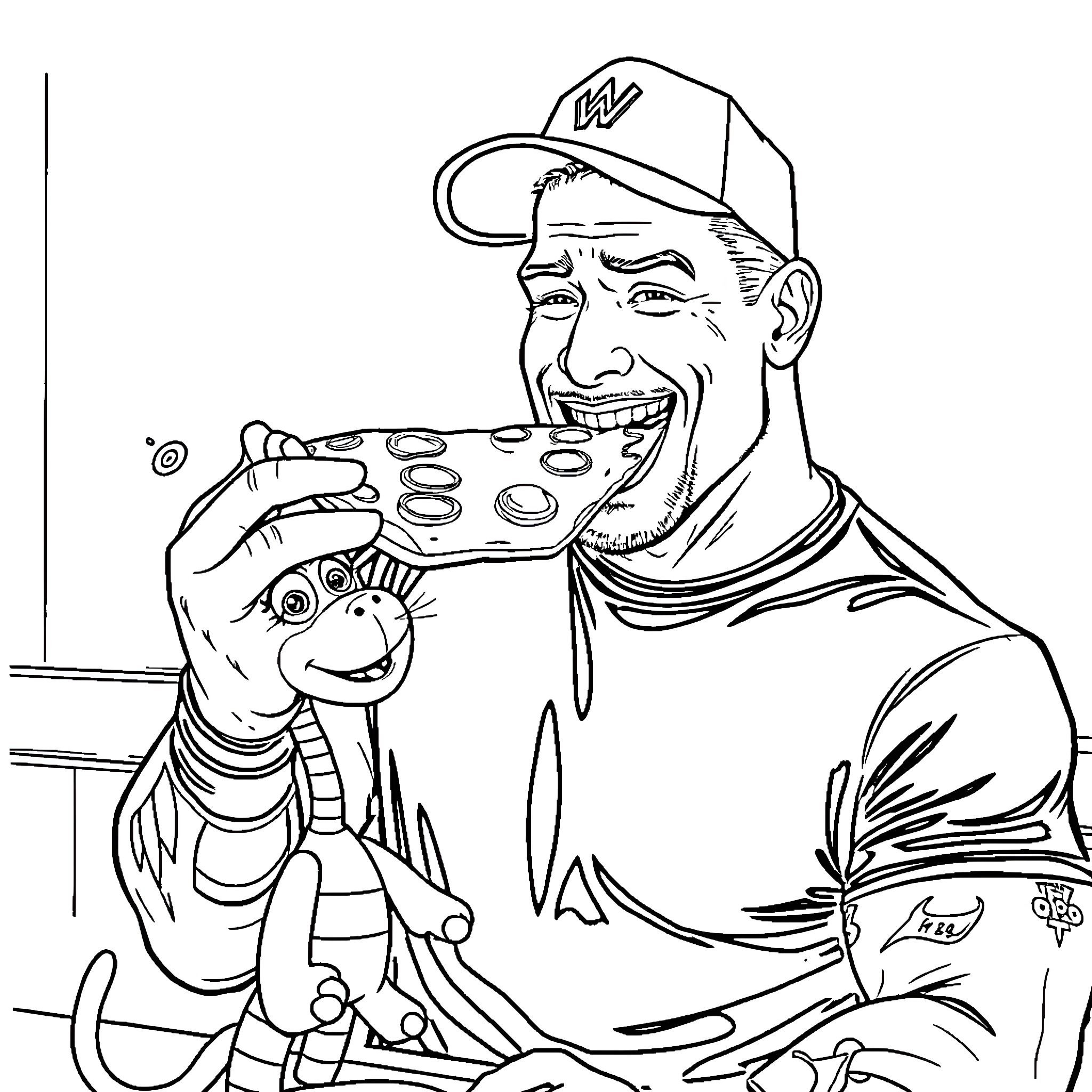 John Cena playing video games with a puppet Coloring Page (free black-and-white line drawing printable PDF for all, from beginners to advanced learners, including children, teens, adults, and seniors)