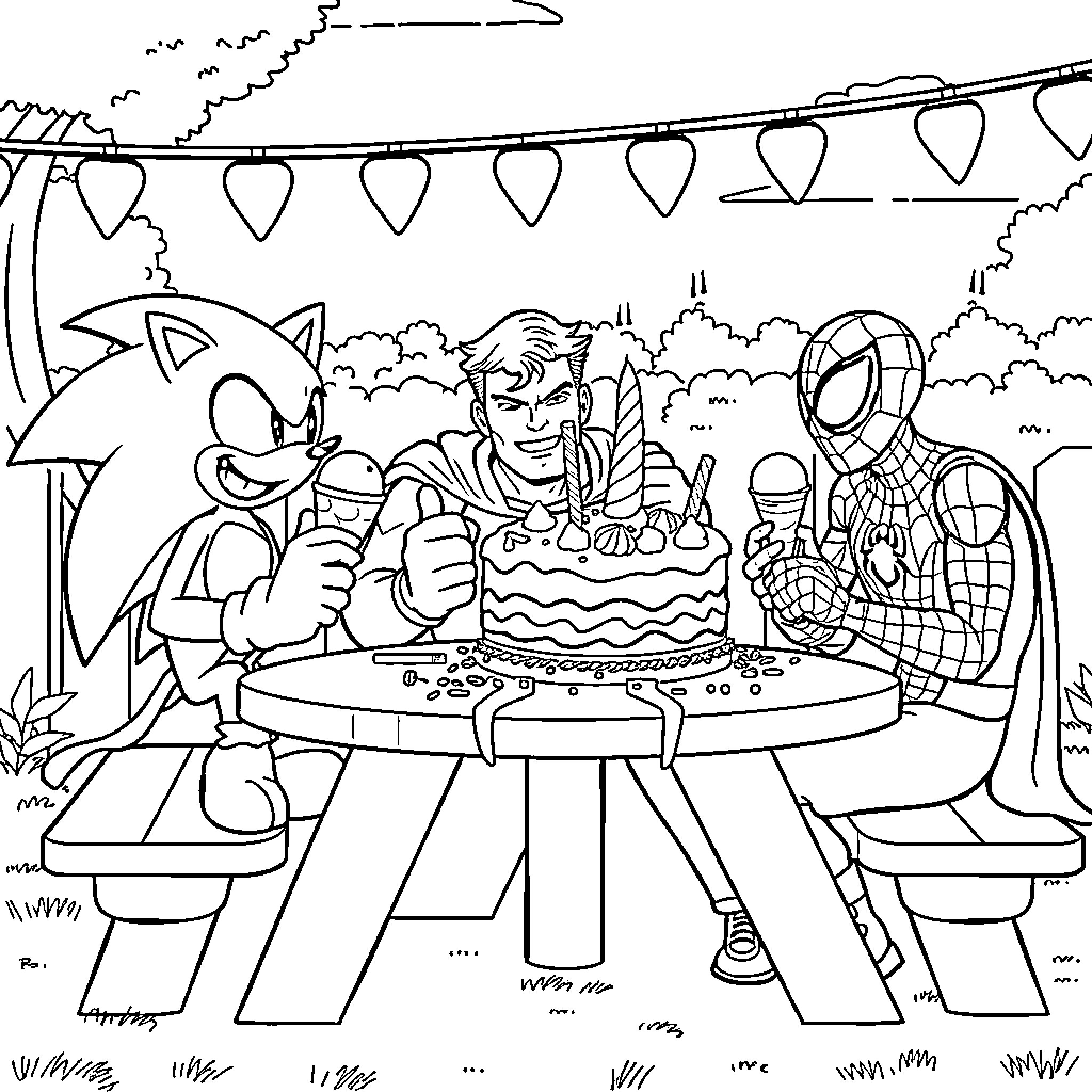 Sonic Celebrates Birthday with Heroes Coloring Page (free black-and-white line drawing printable PDF for all, from beginners to advanced learners, including children, teens, adults, and seniors)
