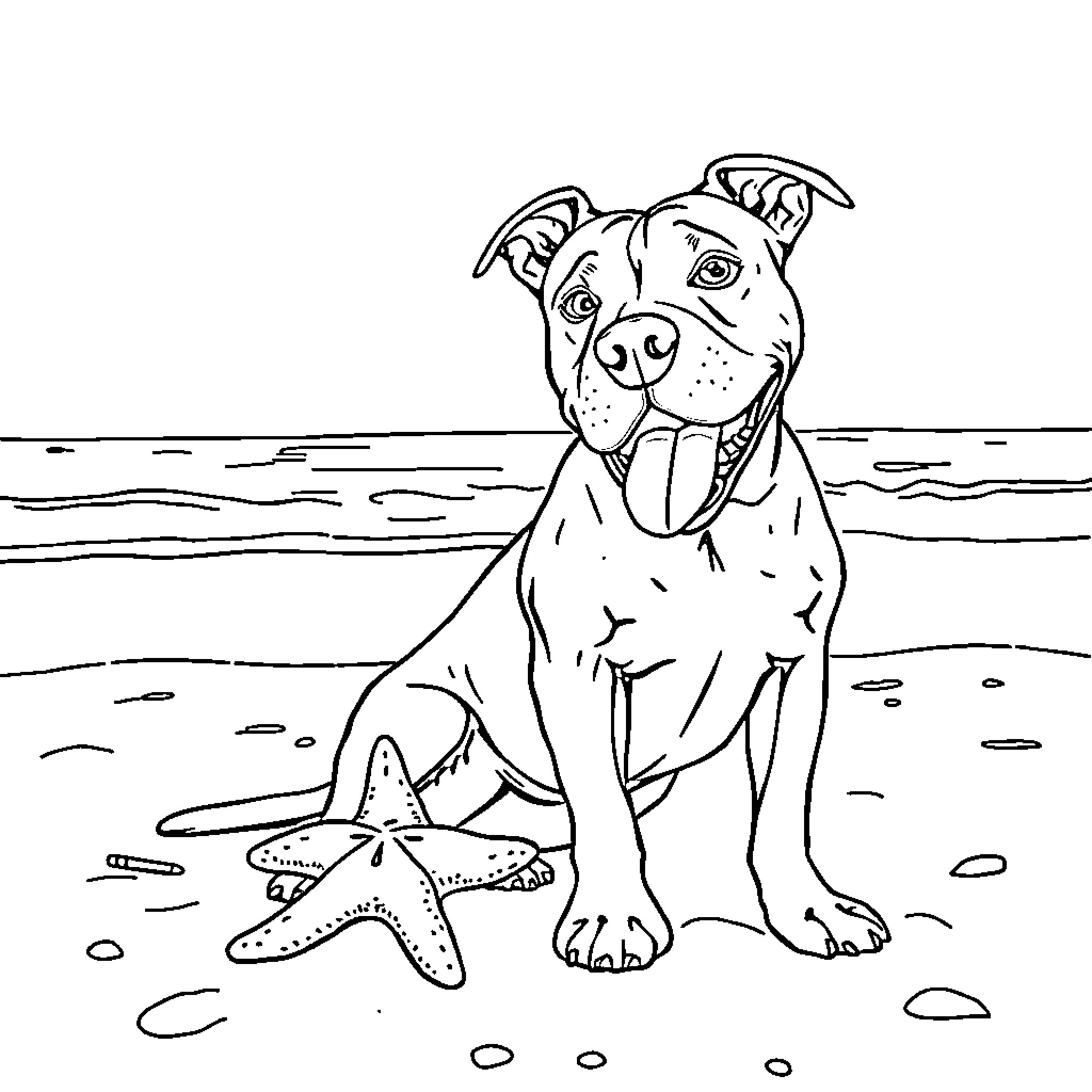 Pitbull enjoying the beach with a starfish Coloring Page (free black-and-white line drawing printable PDF for all, from beginners to advanced learners, including children, teens, adults, and seniors)