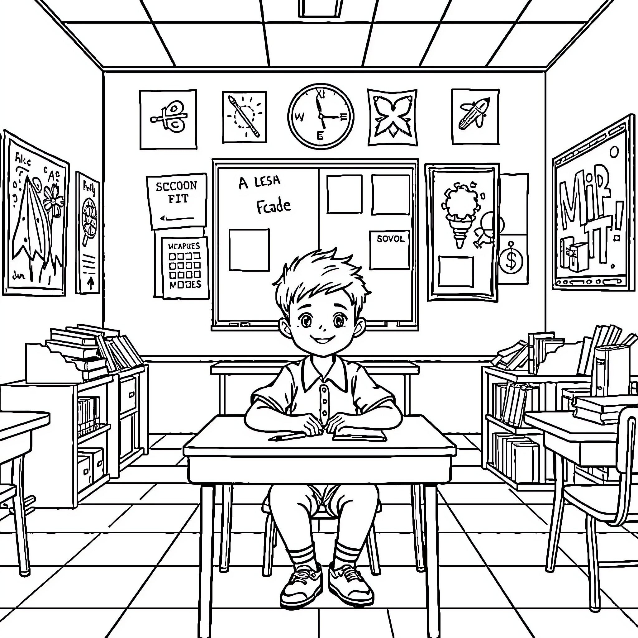 Schoolboy working diligently in classroom Coloring Page (free black-and-white line drawing printable PDF for all, from beginners to advanced learners, including children, teens, adults, and seniors)