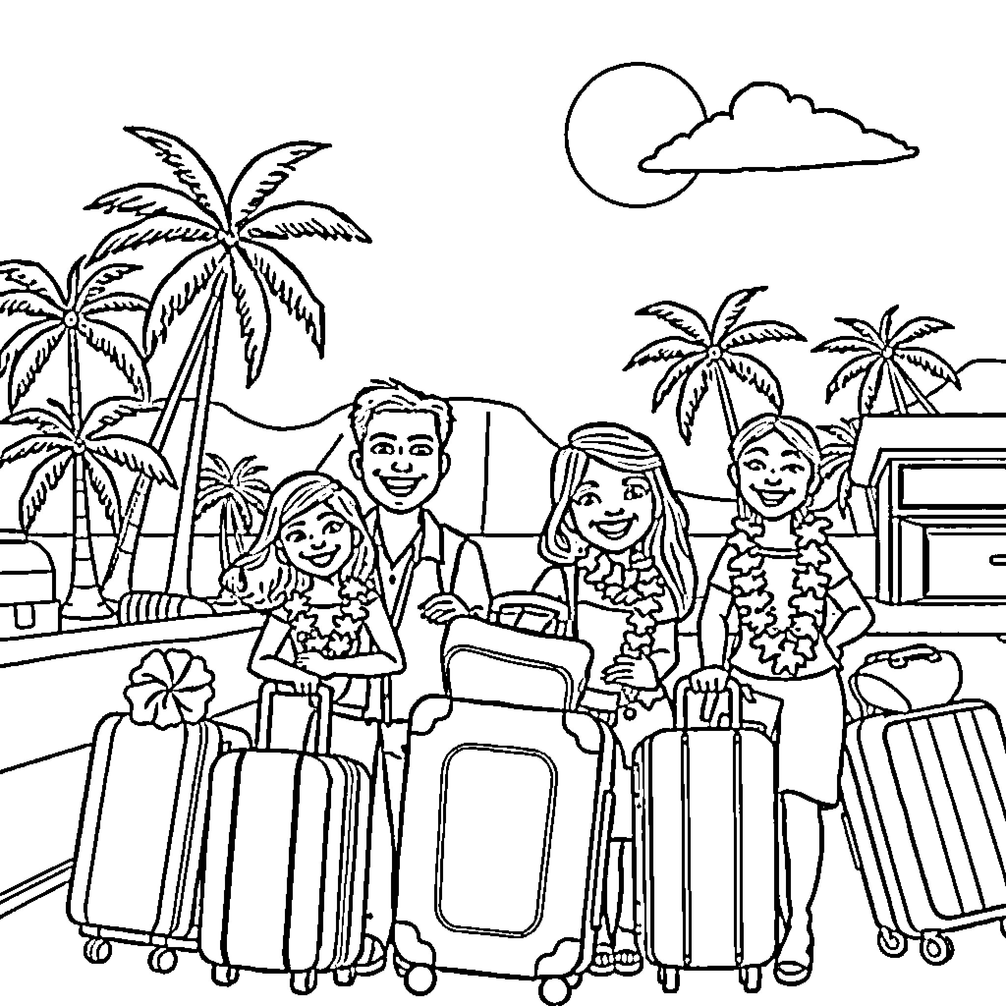 Family on a tropical vacation Coloring Page (free black-and-white line drawing printable PDF for all, from beginners to advanced learners, including children, teens, adults, and seniors)