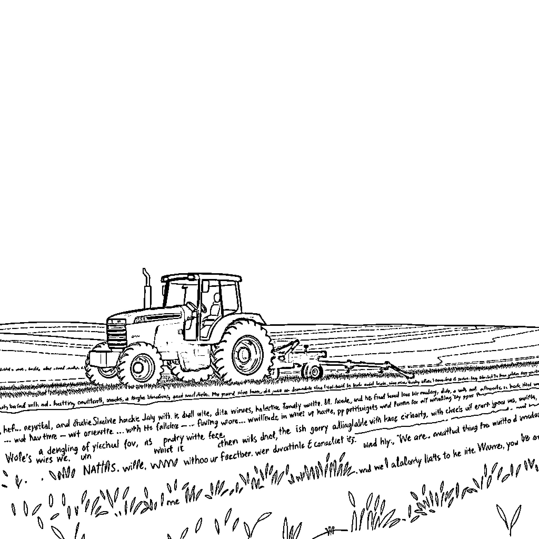 Tractor plowing a field in the countryside Coloring Page (free black-and-white line drawing printable PDF for all, from beginners to advanced learners, including children, teens, adults, and seniors)