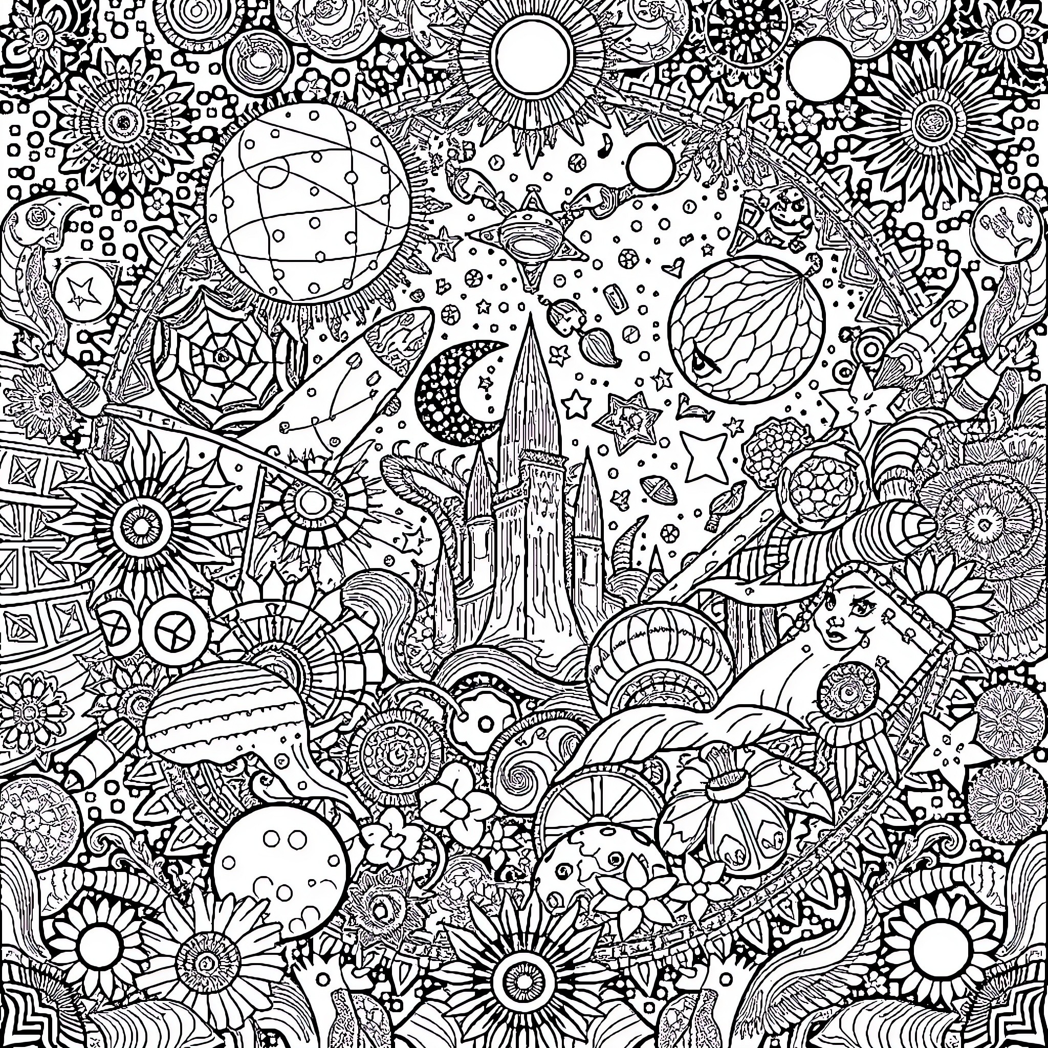 Mosaic of Whimsical Celestial Patterns and Shapes Coloring Page (free black-and-white line drawing printable PDF for all, from beginners to advanced learners, including children, teens, adults, and seniors)