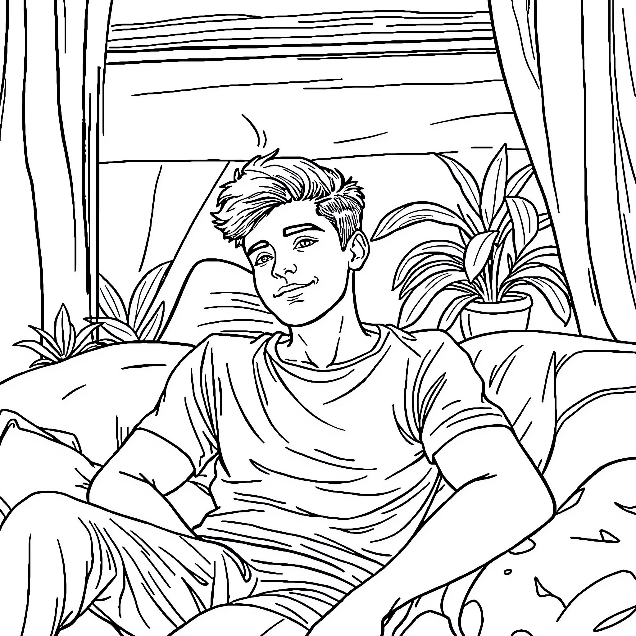 Adult Relaxing in Peaceful Environment Coloring Page (free black-and-white line drawing printable PDF for all, from beginners to advanced learners, including children, teens, adults, and seniors)