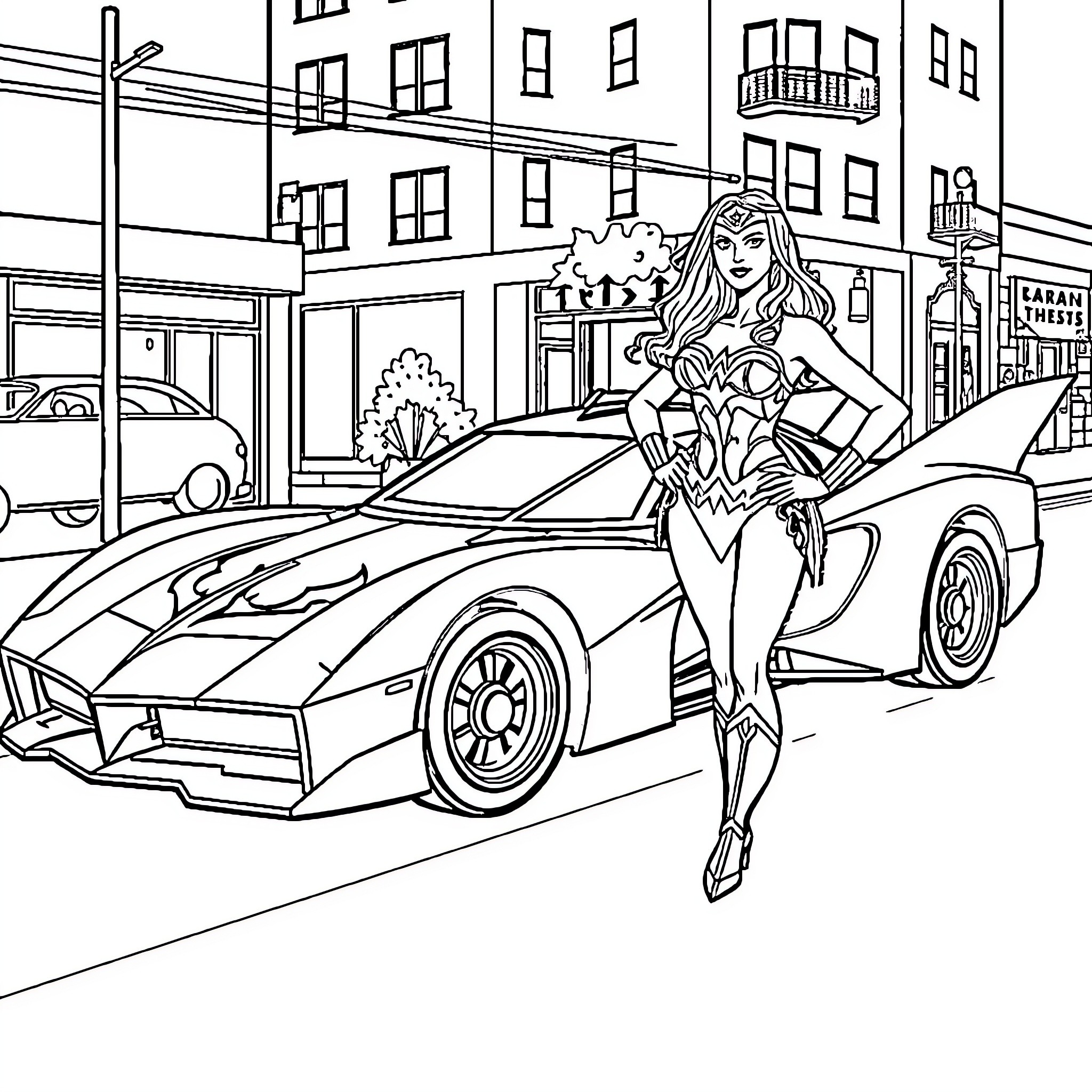 Batmobile with Superhero Woman in Downtown Coloring Page (free black-and-white line drawing printable PDF for all, from beginners to advanced learners, including children, teens, adults, and seniors)