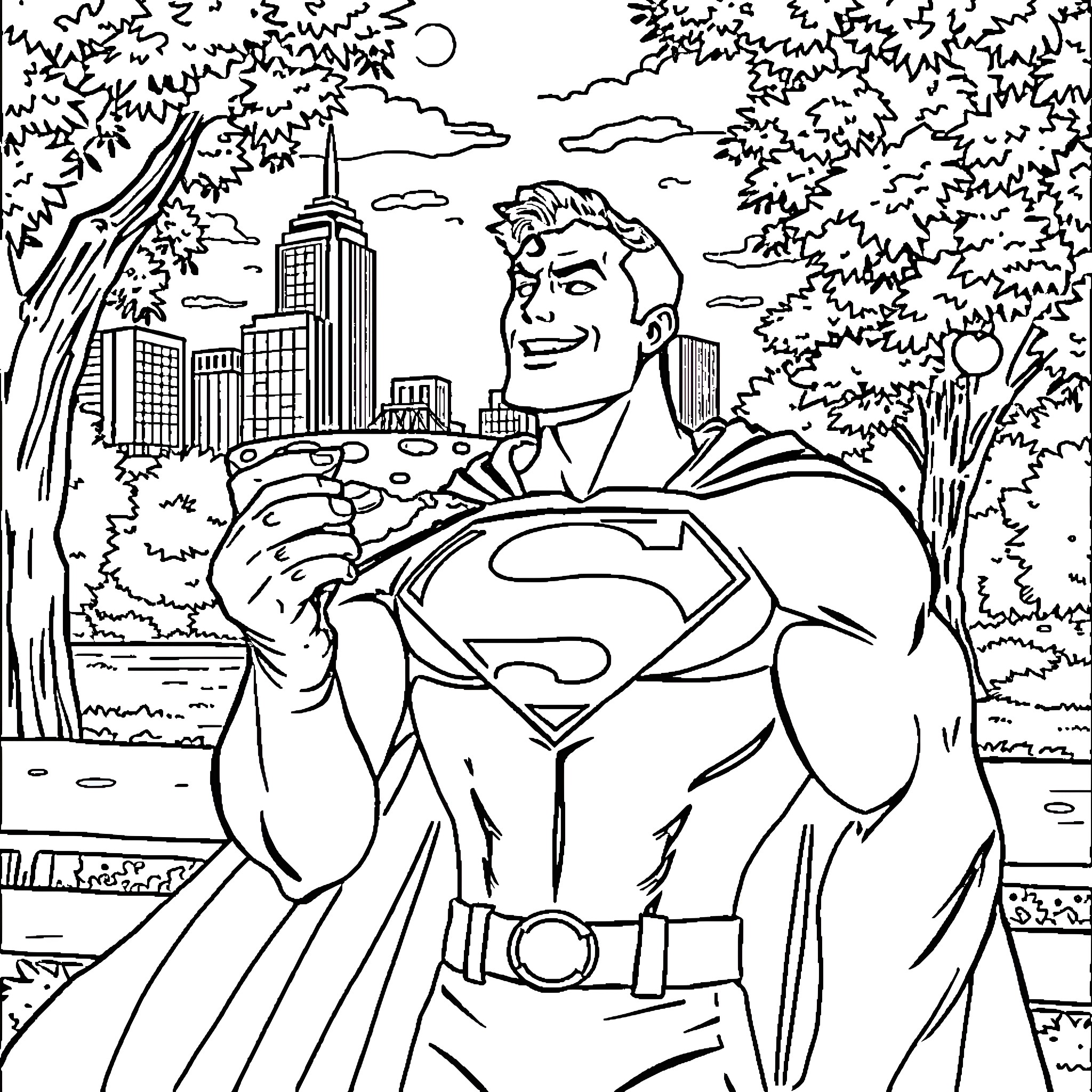 Superman flying over the city skyline Coloring Page (free black-and-white line drawing printable PDF for all, from beginners to advanced learners, including children, teens, adults, and seniors)