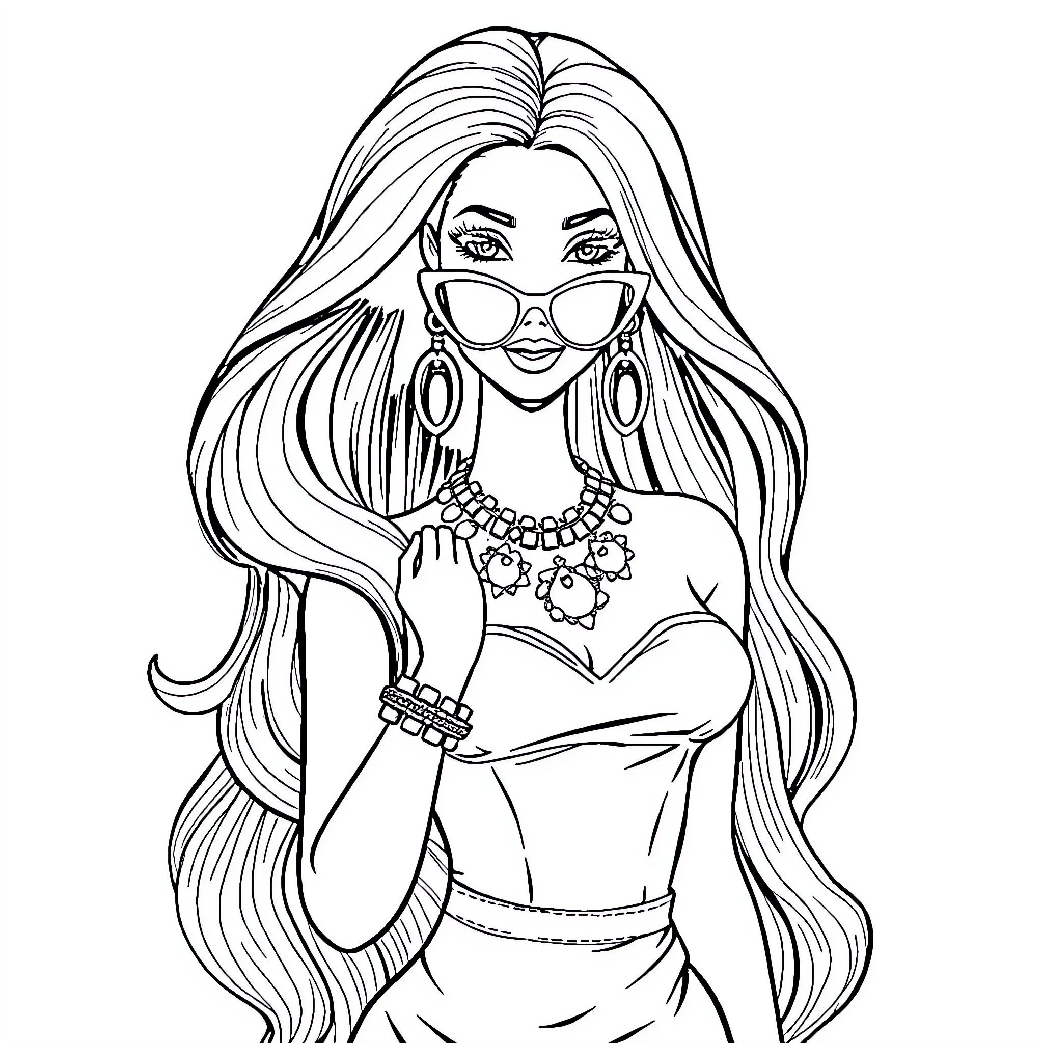 Barbie posing with jewelry and sunglasses Coloring Page (free black-and-white line drawing printable PDF for all, from beginners to advanced learners, including children, teens, adults, and seniors)