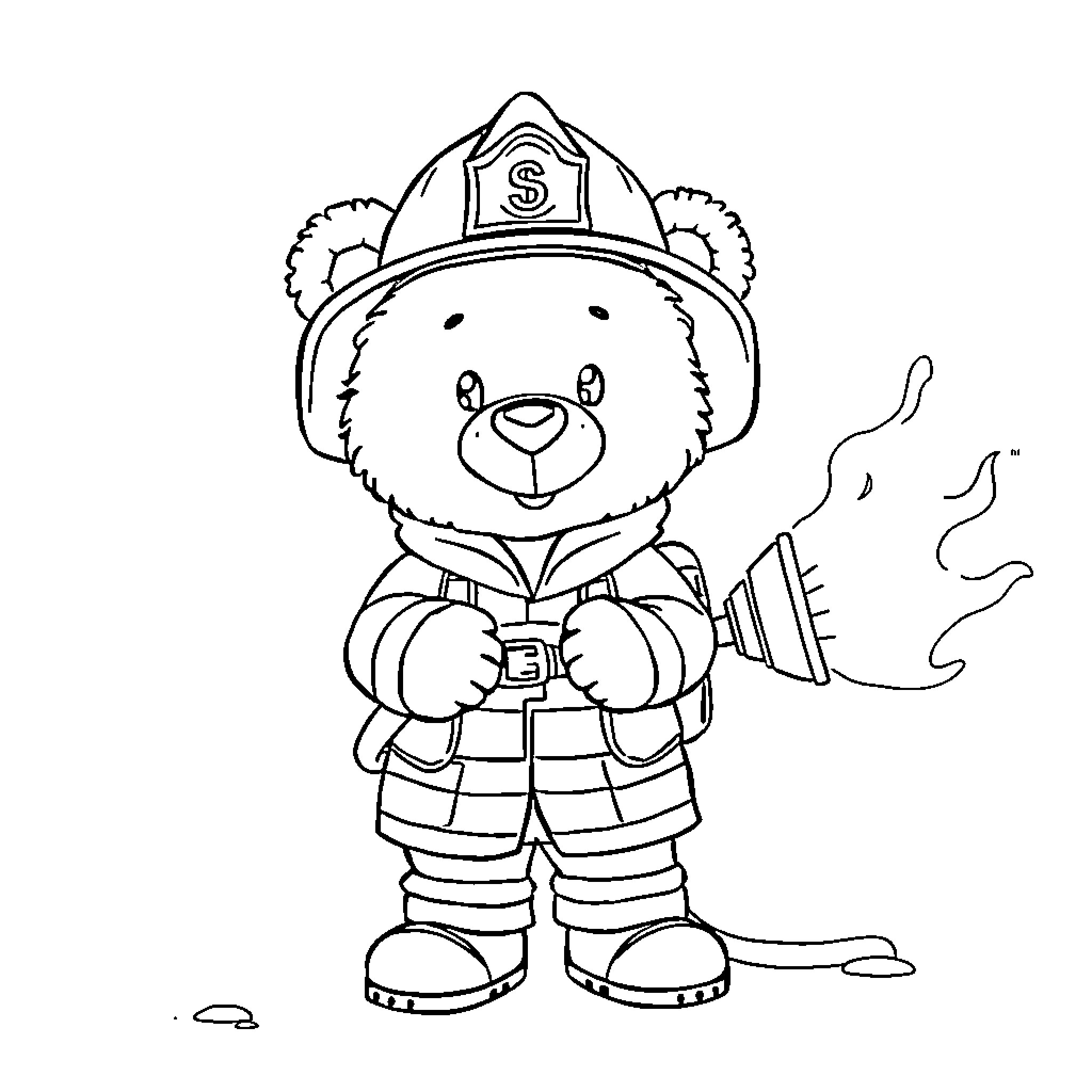 Bear Firefighter Protecting the Community Coloring Page (free black-and-white line drawing printable PDF for all, from beginners to advanced learners, including children, teens, adults, and seniors)