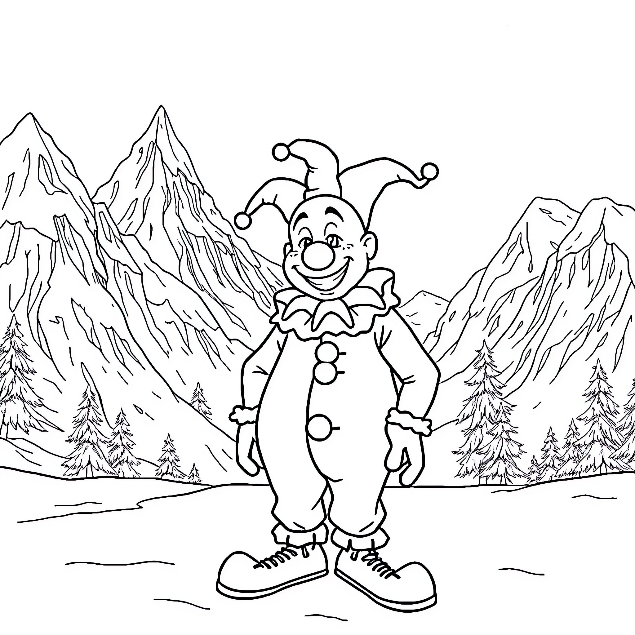 Clown Entertains in Snowy Mountain Landscape Coloring Page (free black-and-white line drawing printable PDF for all, from beginners to advanced learners, including children, teens, adults, and seniors)