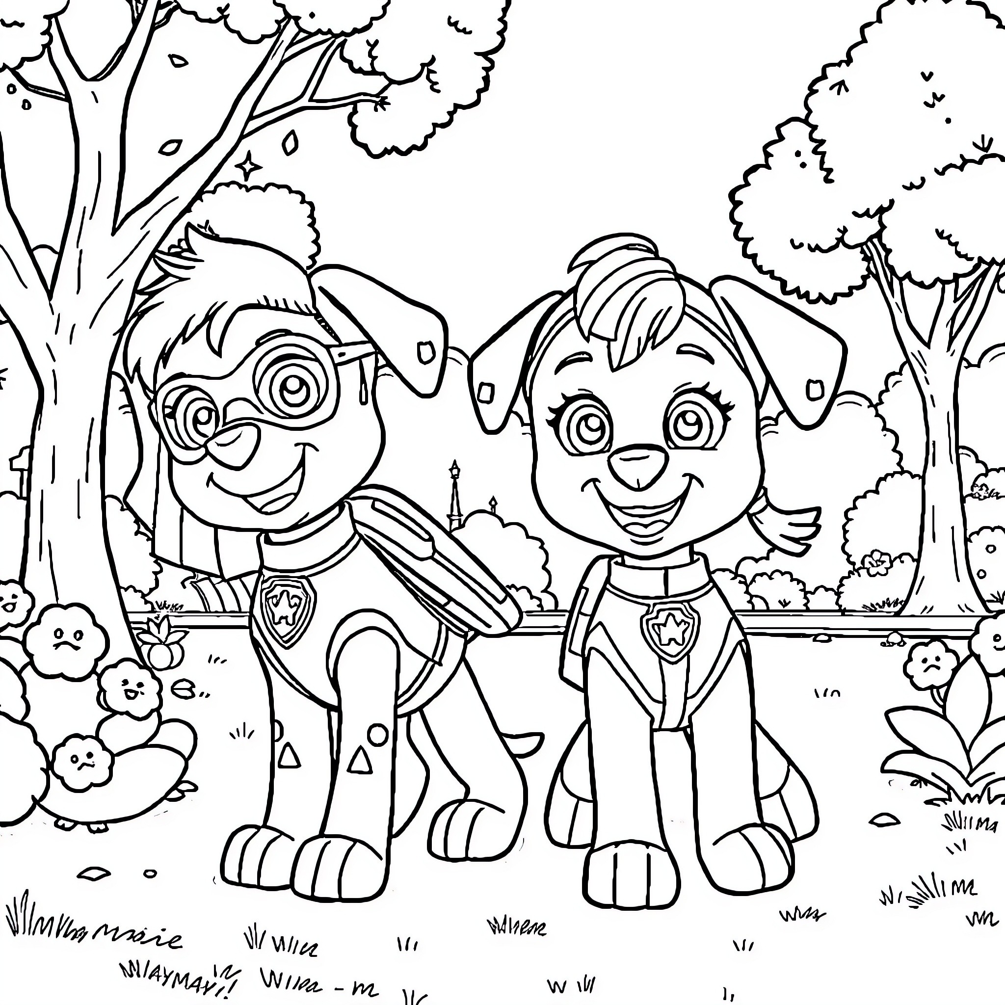 Skye and Paw Patrol pups exploring the forest Coloring Page (free black-and-white line drawing printable PDF for all, from beginners to advanced learners, including children, teens, adults, and seniors)