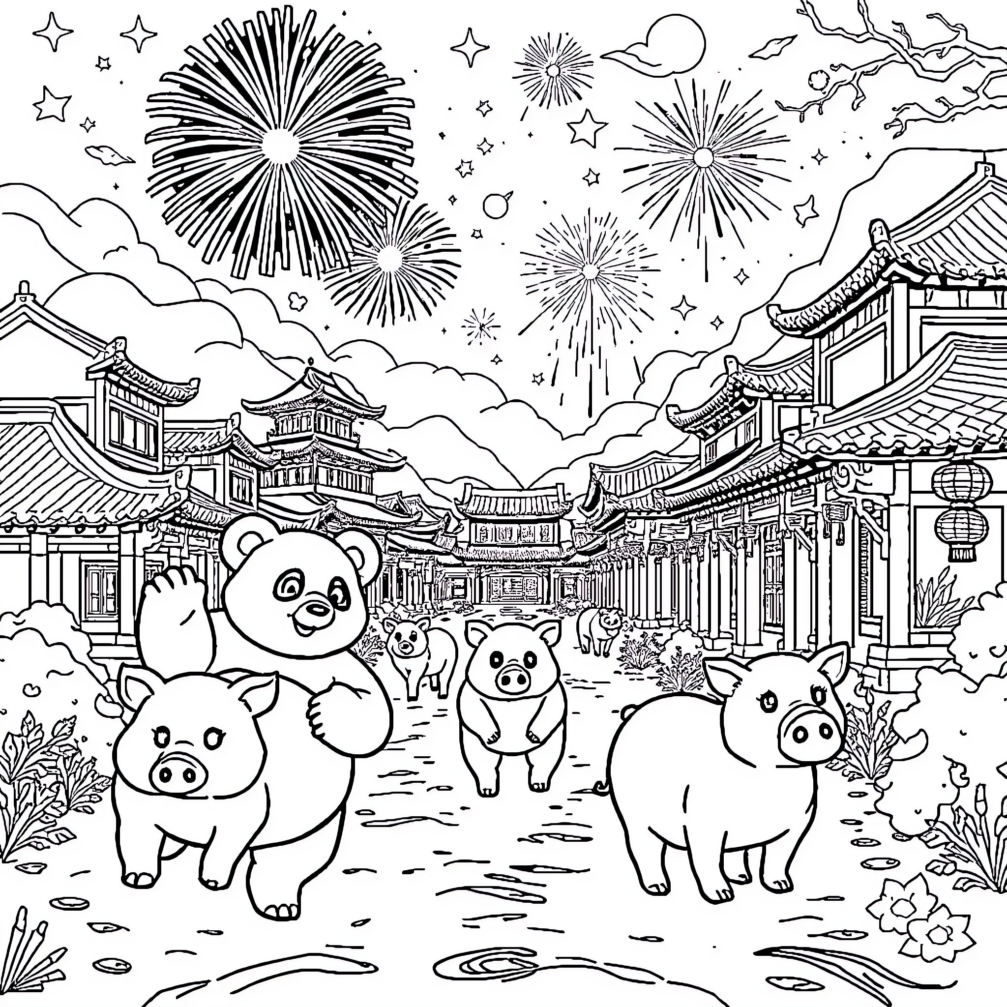 Panda Celebration in Enchanting Asian Village Coloring Page (free black-and-white line drawing printable PDF for all, from beginners to advanced learners, including children, teens, adults, and seniors)