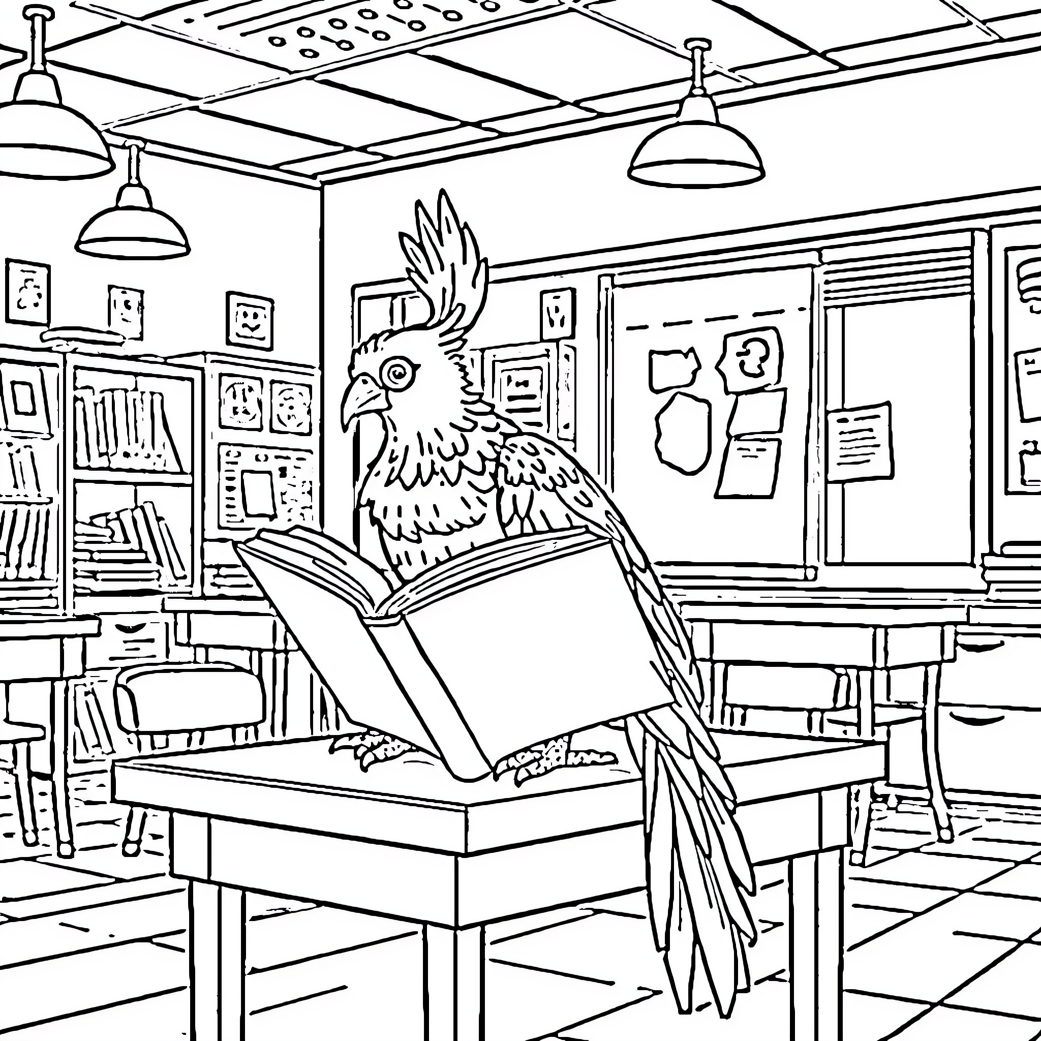 Phoenix Parrot Exploring the Classroom Coloring Page (free black-and-white line drawing printable PDF for all, from beginners to advanced learners, including children, teens, adults, and seniors)