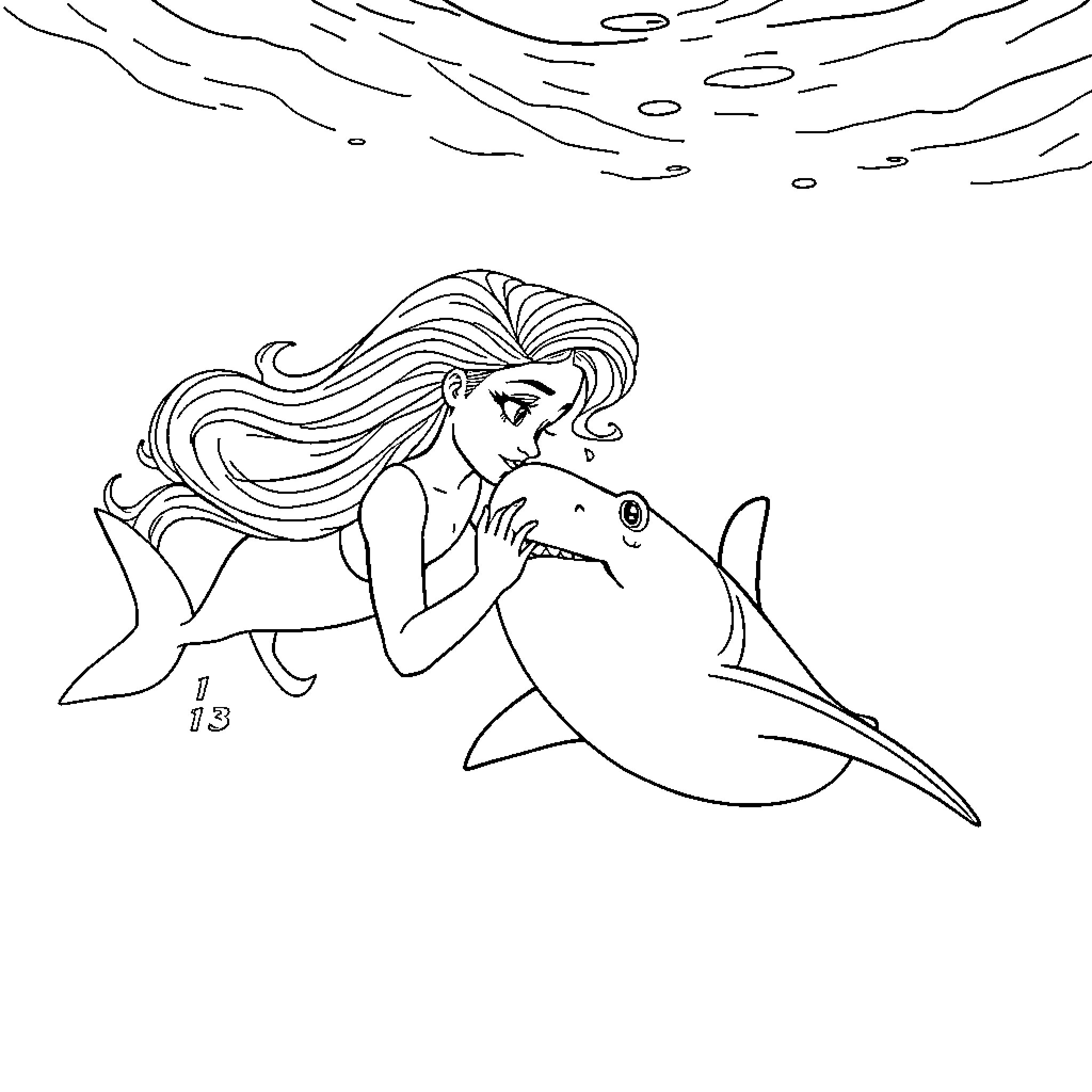 Aurora swimming gracefully with a shark Coloring Page (free black-and-white line drawing printable PDF for all, from beginners to advanced learners, including children, teens, adults, and seniors)