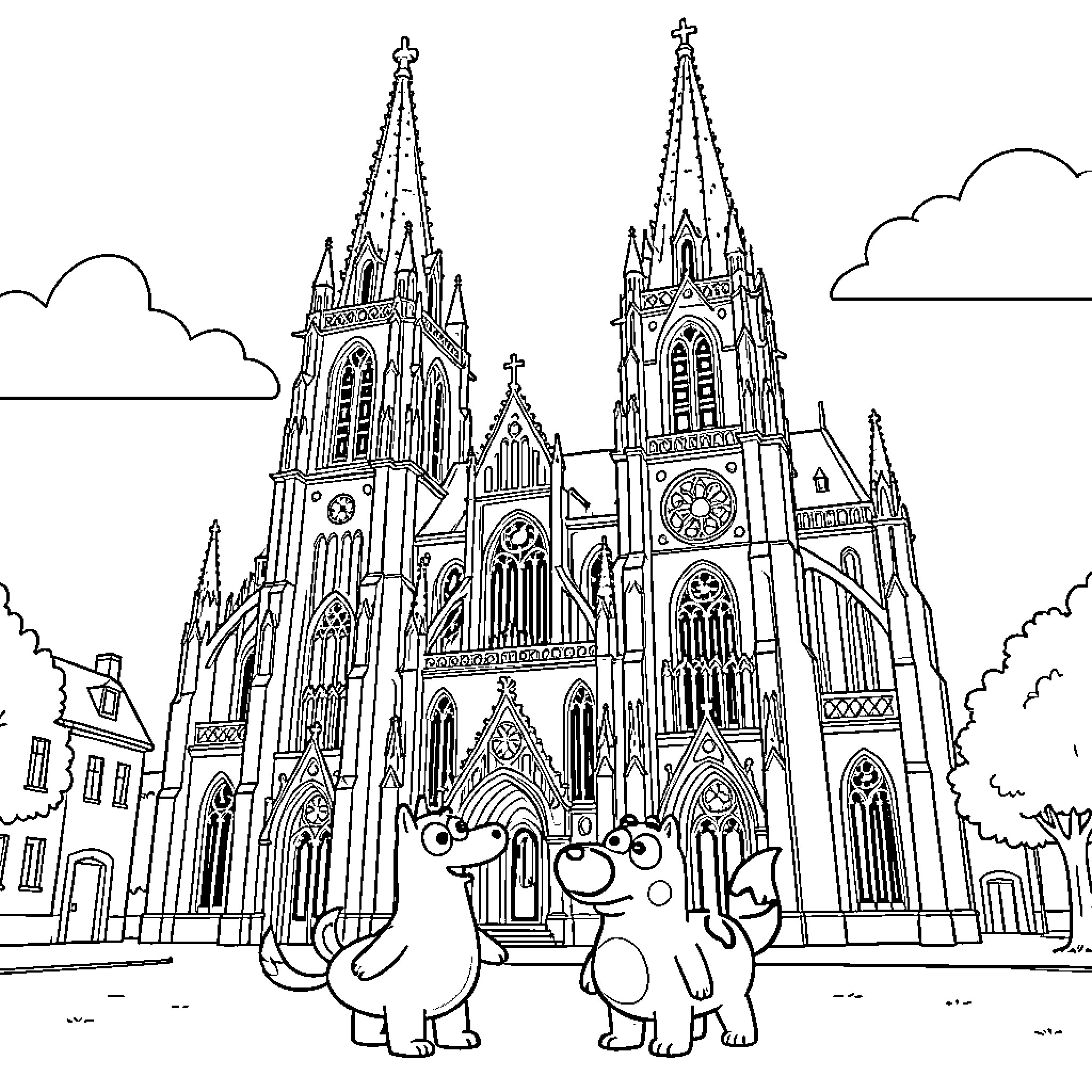 Bluey and Bingo standing in front of a cathedral Coloring Page (free black-and-white line drawing printable PDF for all, from beginners to advanced learners, including children, teens, adults, and seniors)