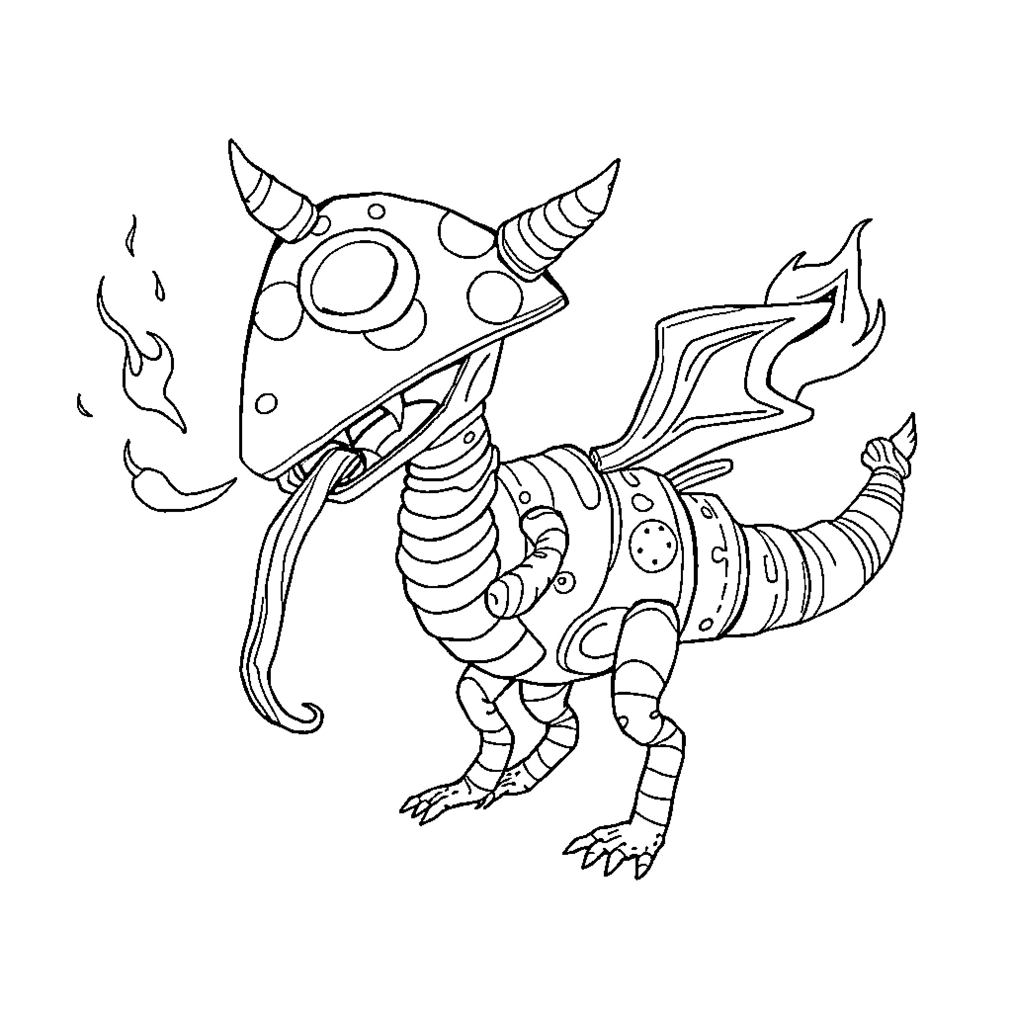 Food Monster Breathing Fire with Mechanical Parts Coloring Page (free black-and-white line drawing printable PDF for all, from beginners to advanced learners, including children, teens, adults, and seniors)